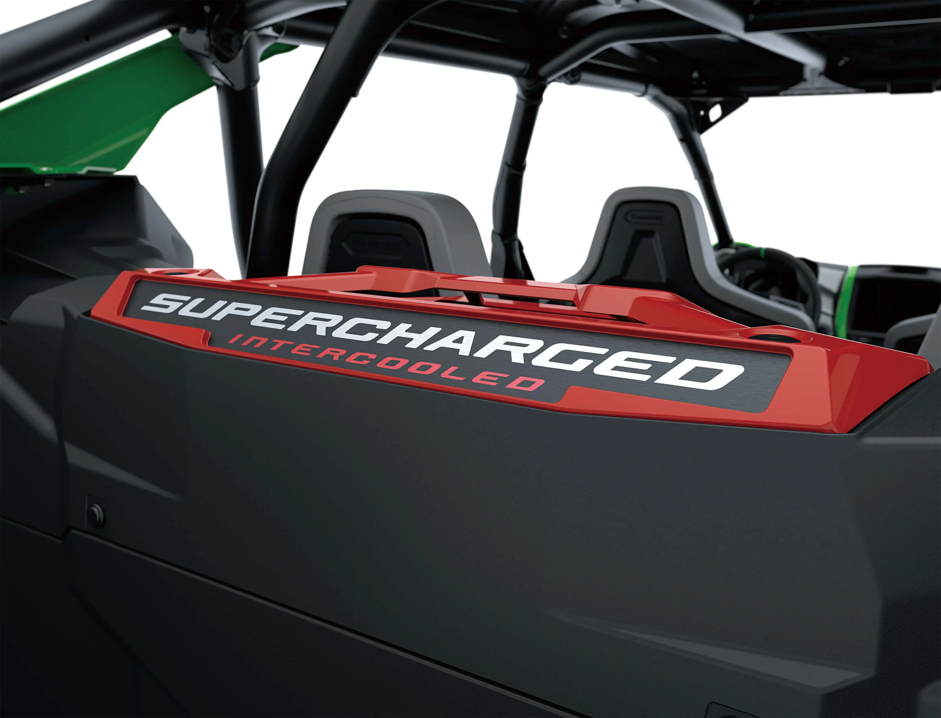 Close-up of Supercharged lettering on a side x side in a white studio background.