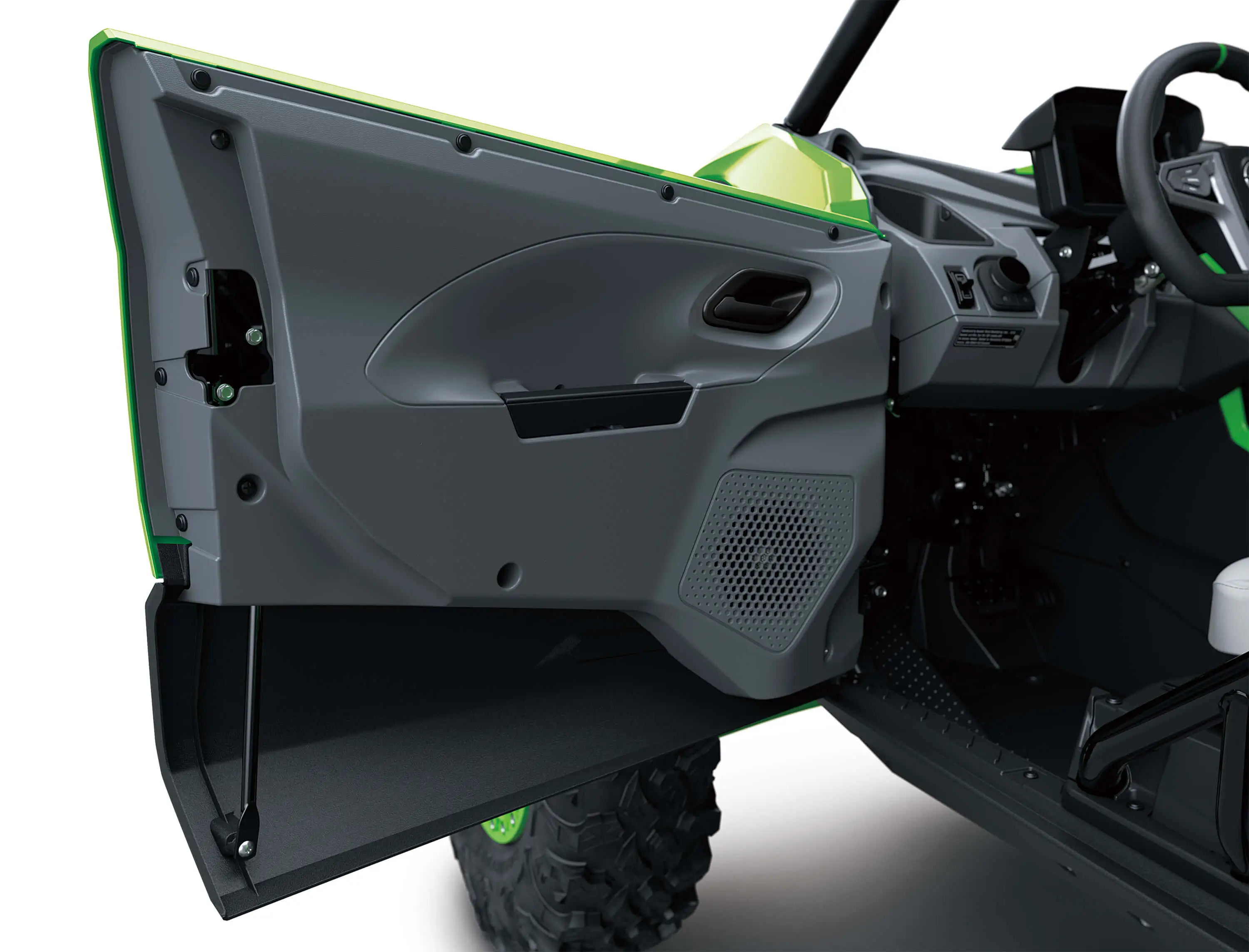 Another close-up of the interior of a door on a side x side in a white studio background.