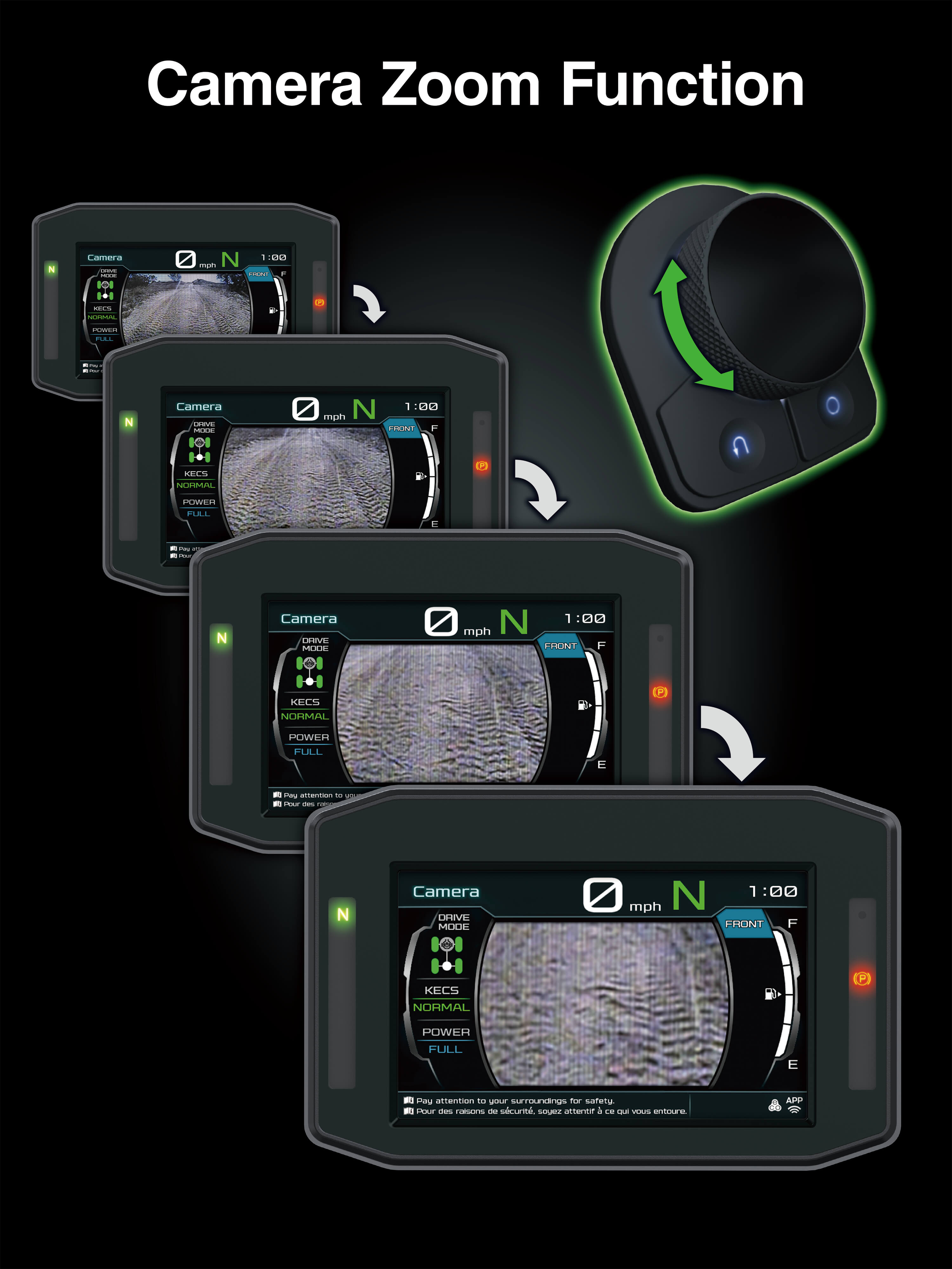 Graphic treatment of a side x side infotainment screen camera zoom function.