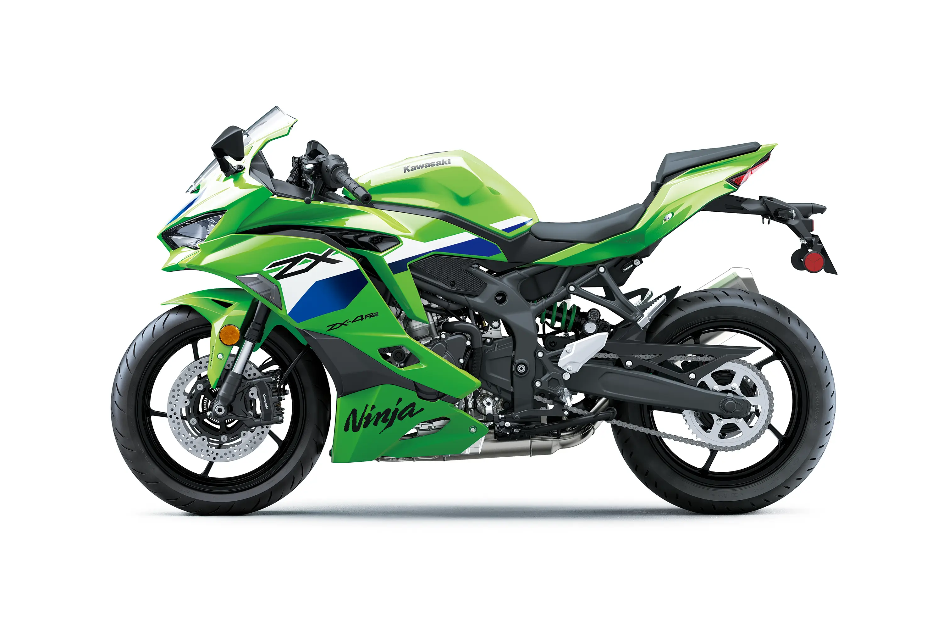 Side angle of a motorcycle staged in a white studio background.