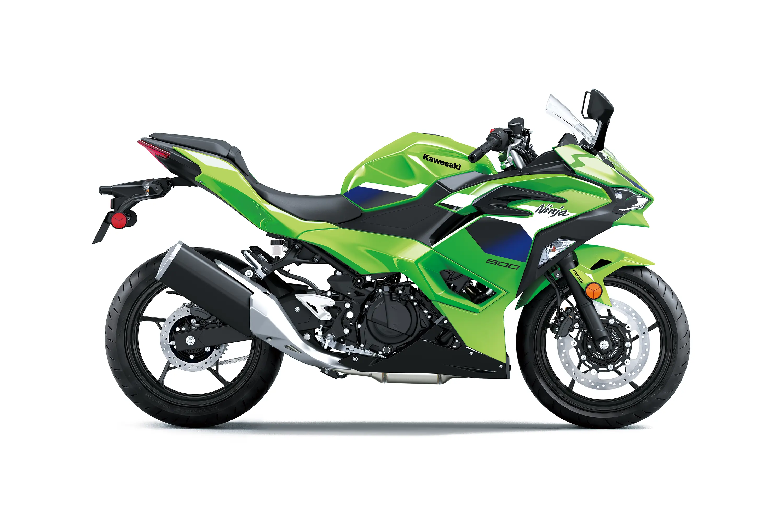 Profile angle of a green motorcycle staged in a white studio background.