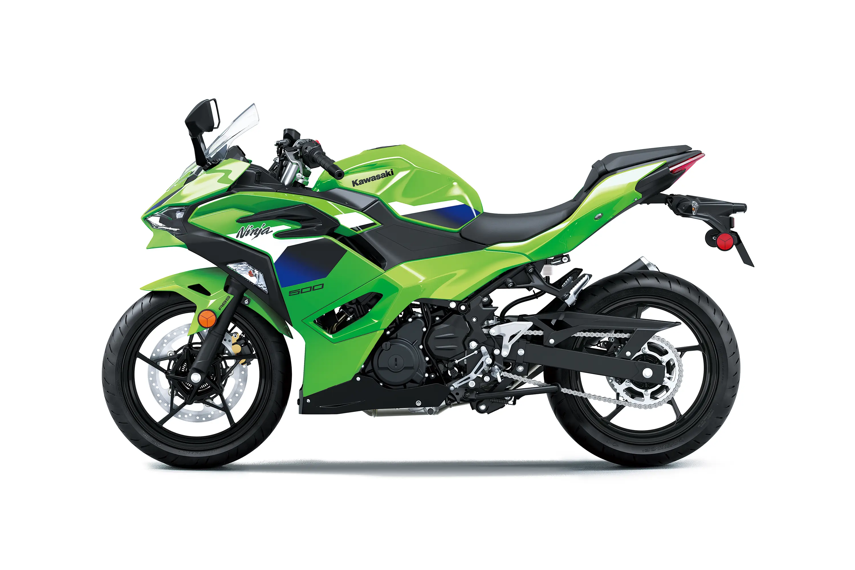 Side angle of a green motorcycle staged in a white studio background.