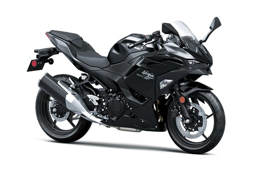 Three-quarter front angle of a black motorcycle staged in a white studio background. opens in a new window