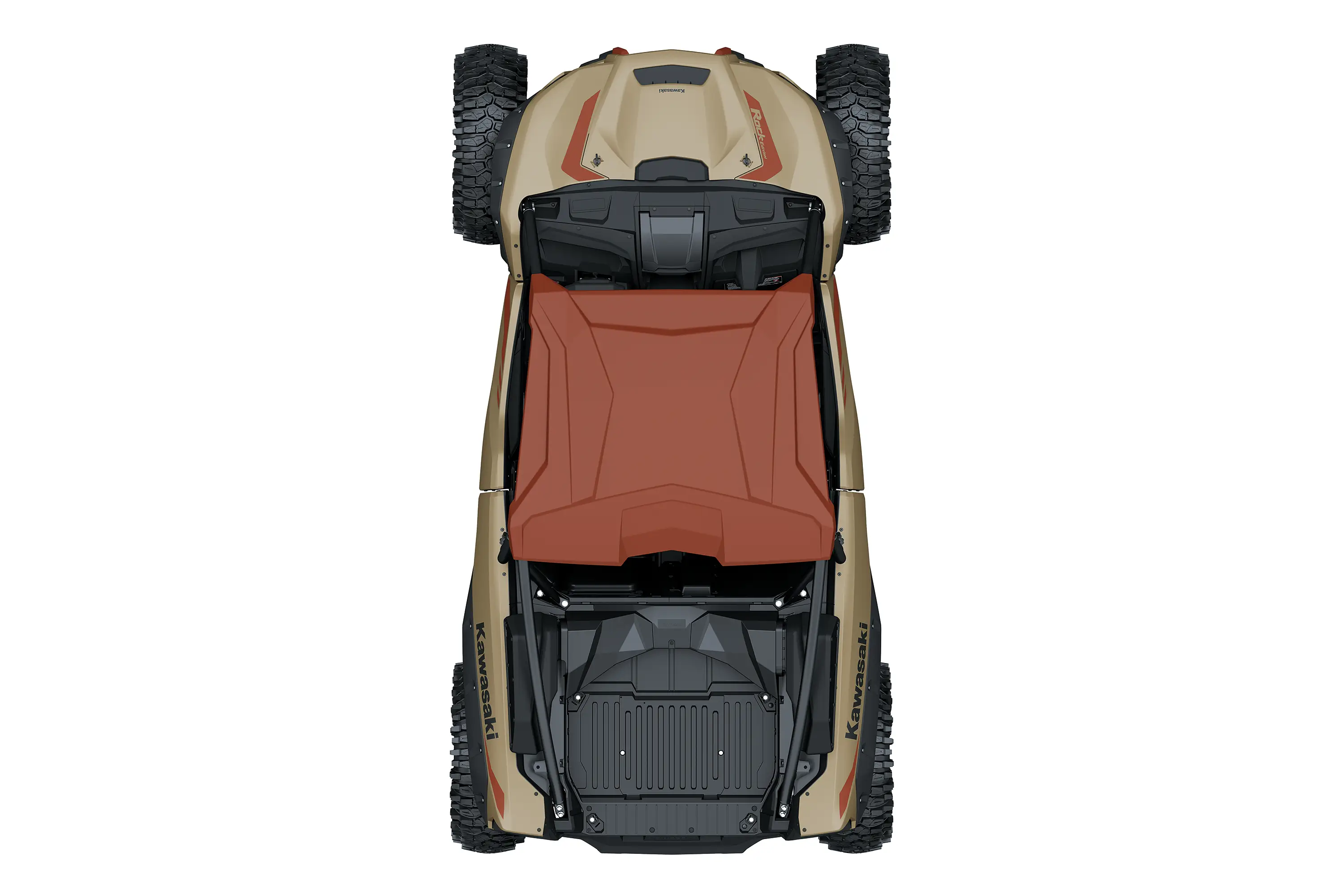 Overhead angle of a side x side staged in a white studio background.