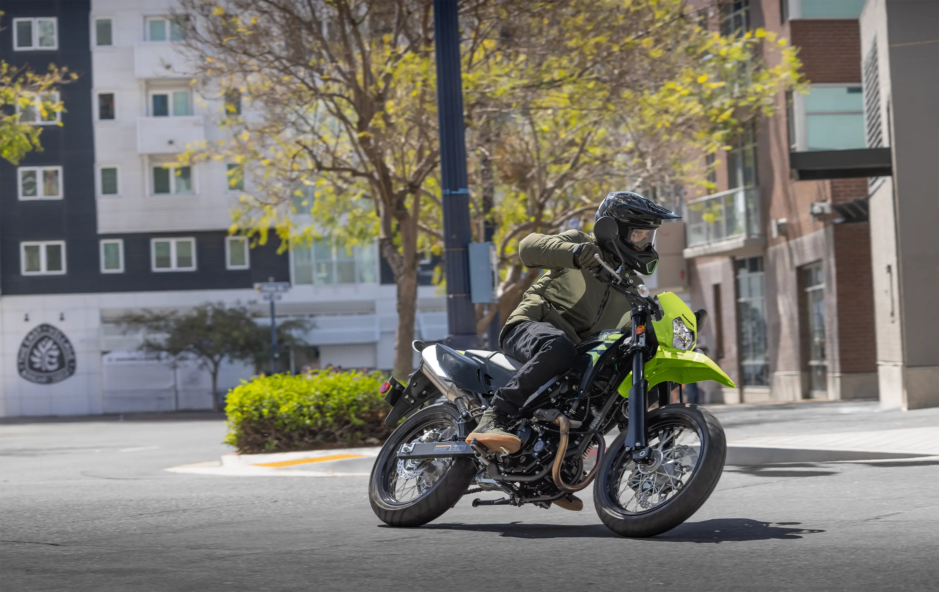 Profile angle of a person riding a motorcycle on a highway.