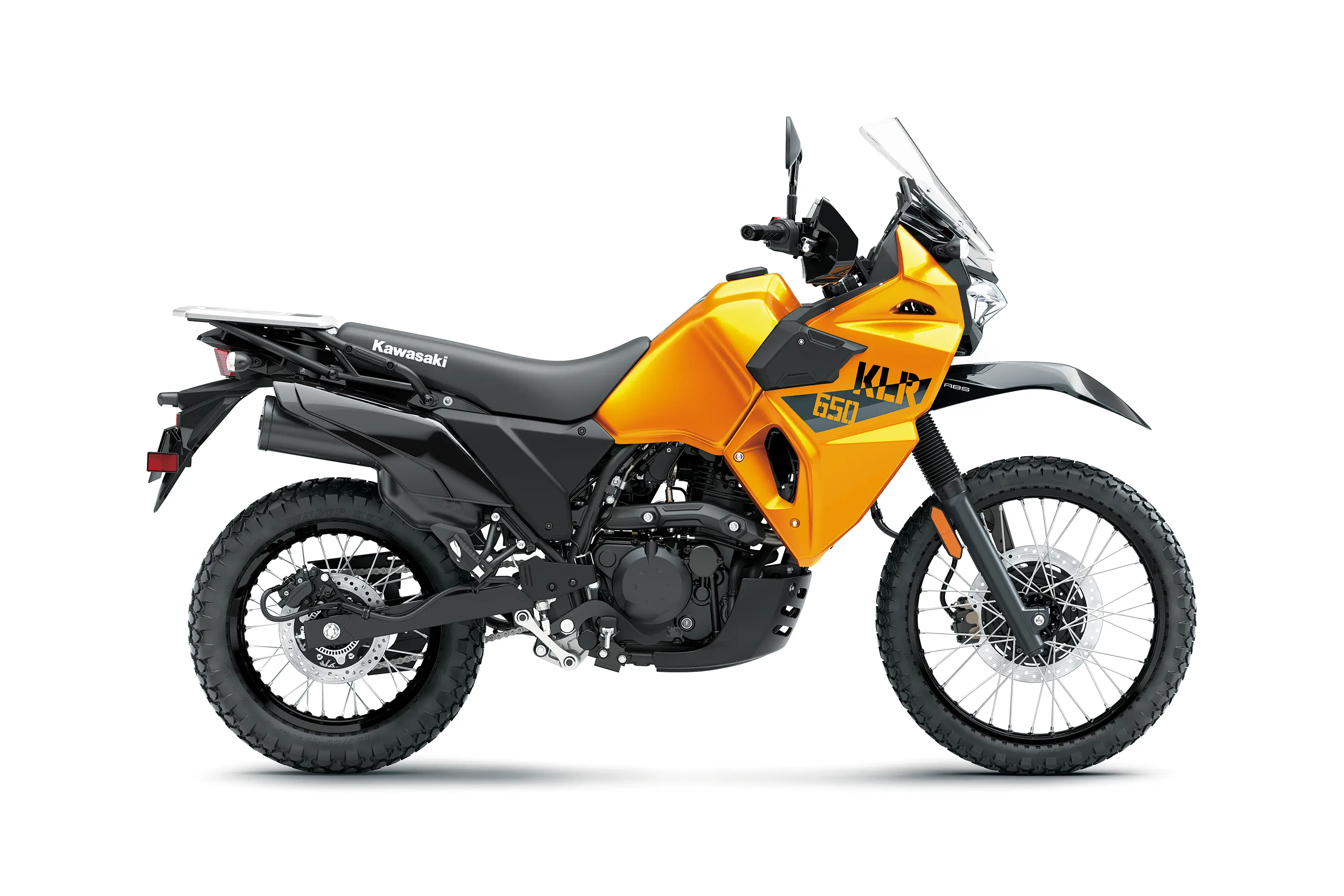 Side angle of an orange motorcycle staged in a white studio background.