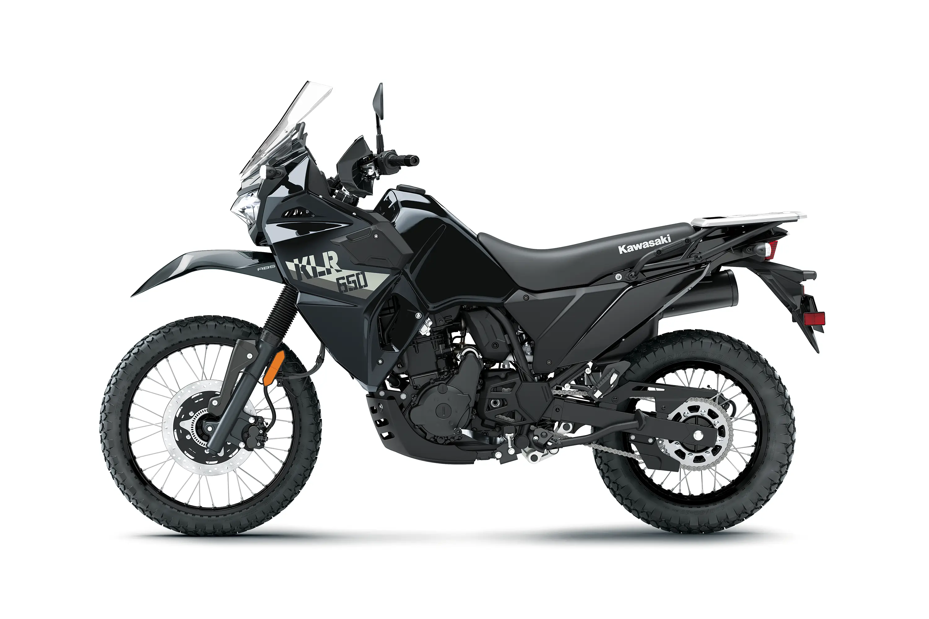Profile angle of a motorcycle staged in a white studio background.