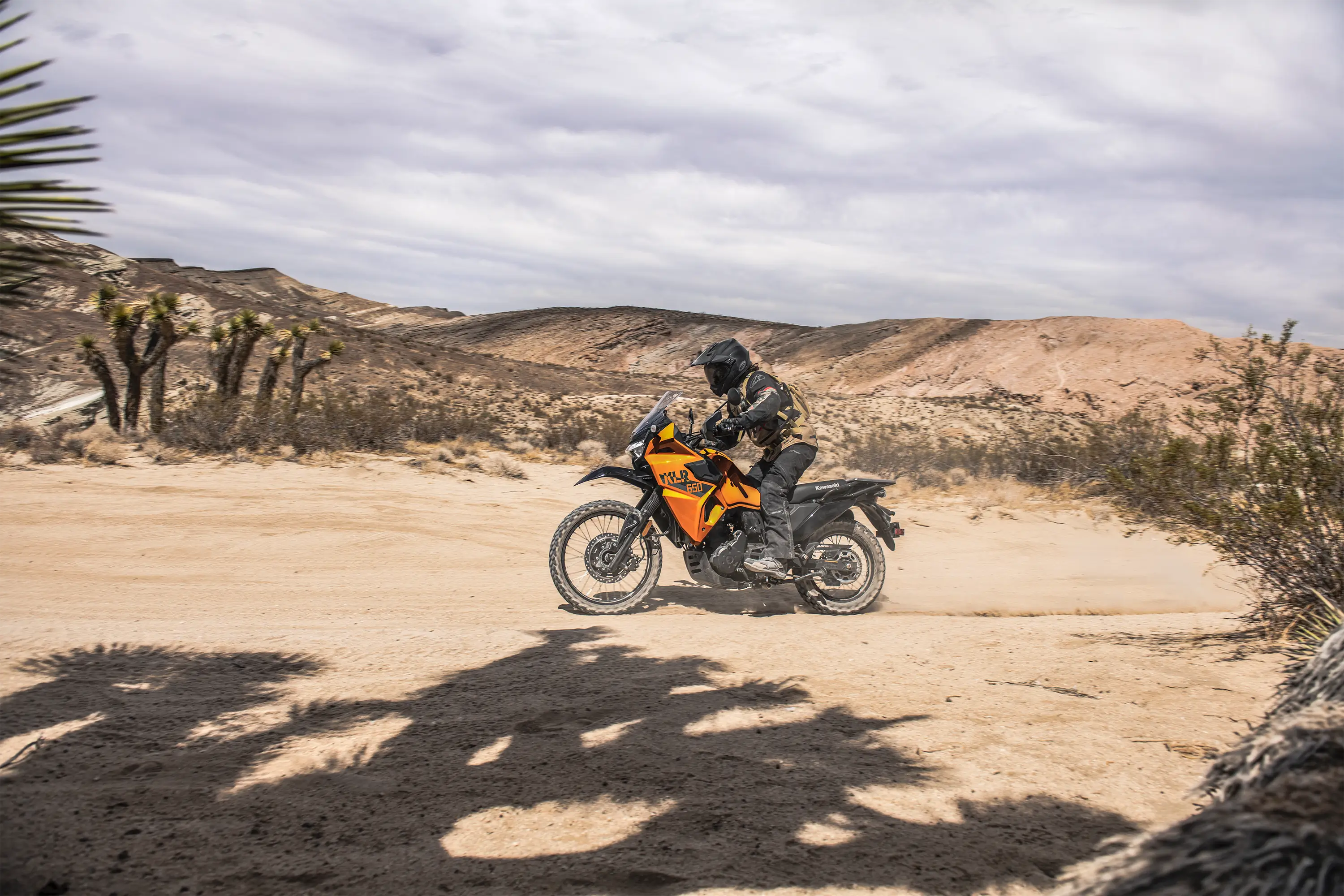 Profile angle of a person riding a motorcycle off-road.