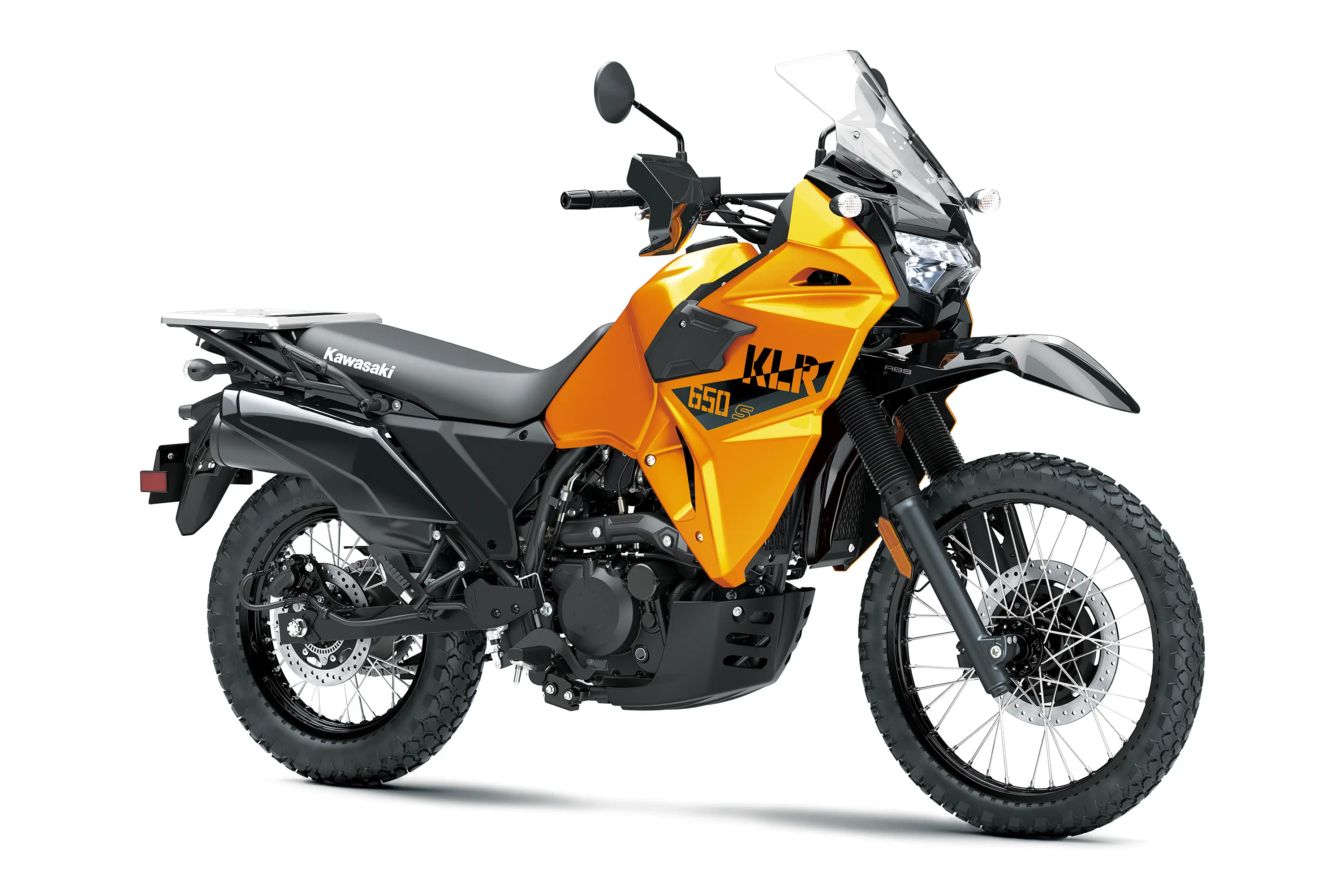 Three-quarter front angle of an orange motorcycle staged in a white studio background.