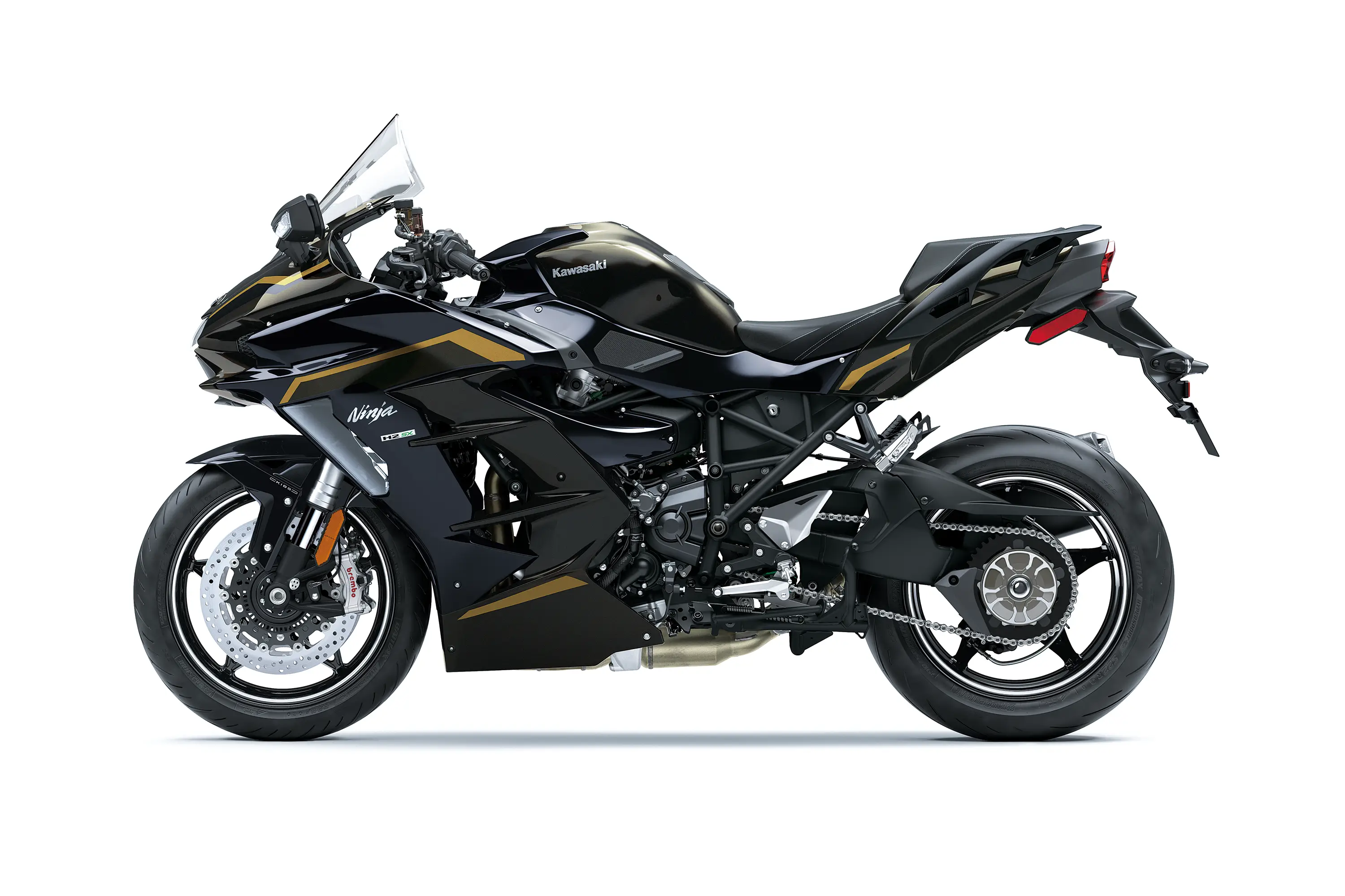 Profile angle of a motorcycle staged in a white studio background.