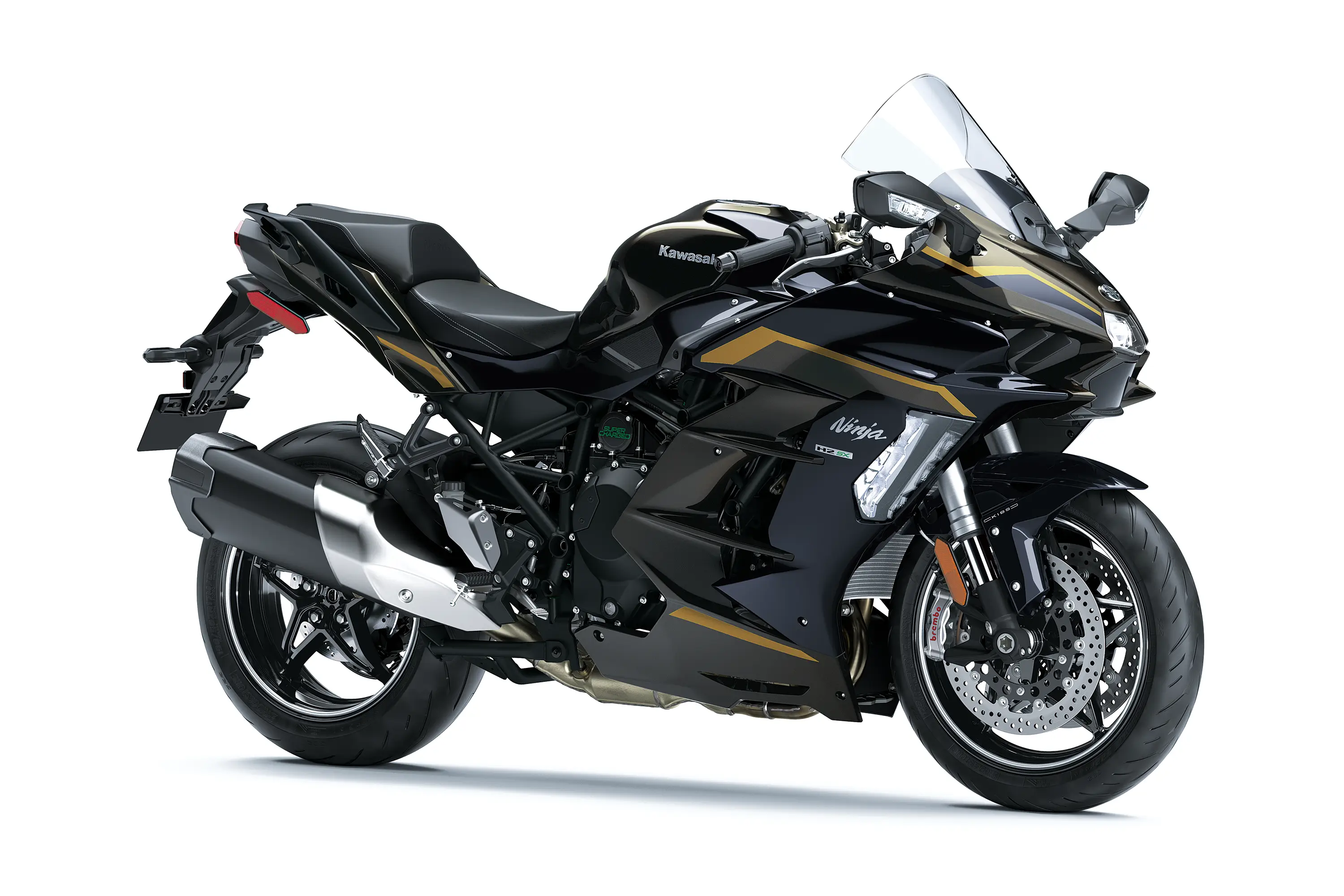 Three-quarter front angle of a motorcycle staged in a white studio background.