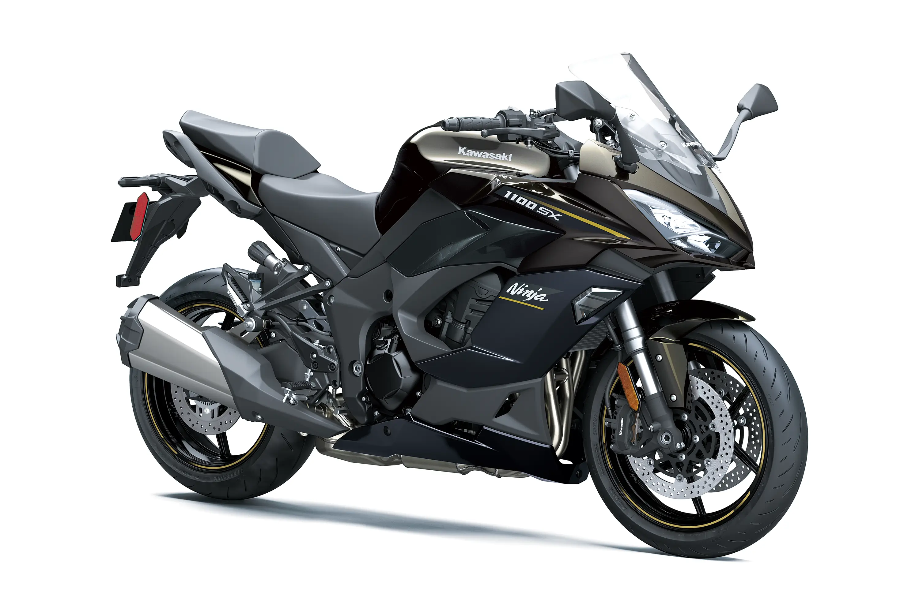 Three-quarter front angle of a motorcycle staged in a white studio background.