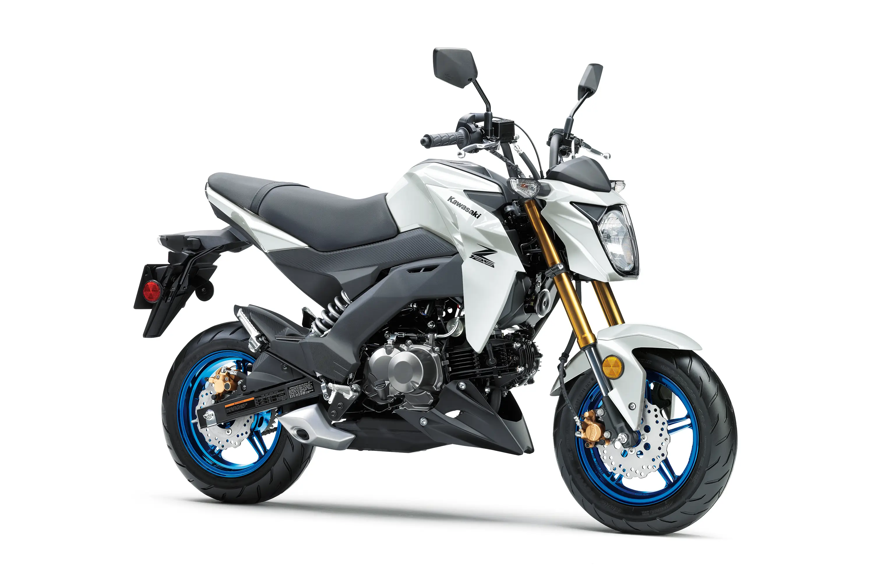 Three-quarter front angle of a white motorcycle staged in a white studio background.