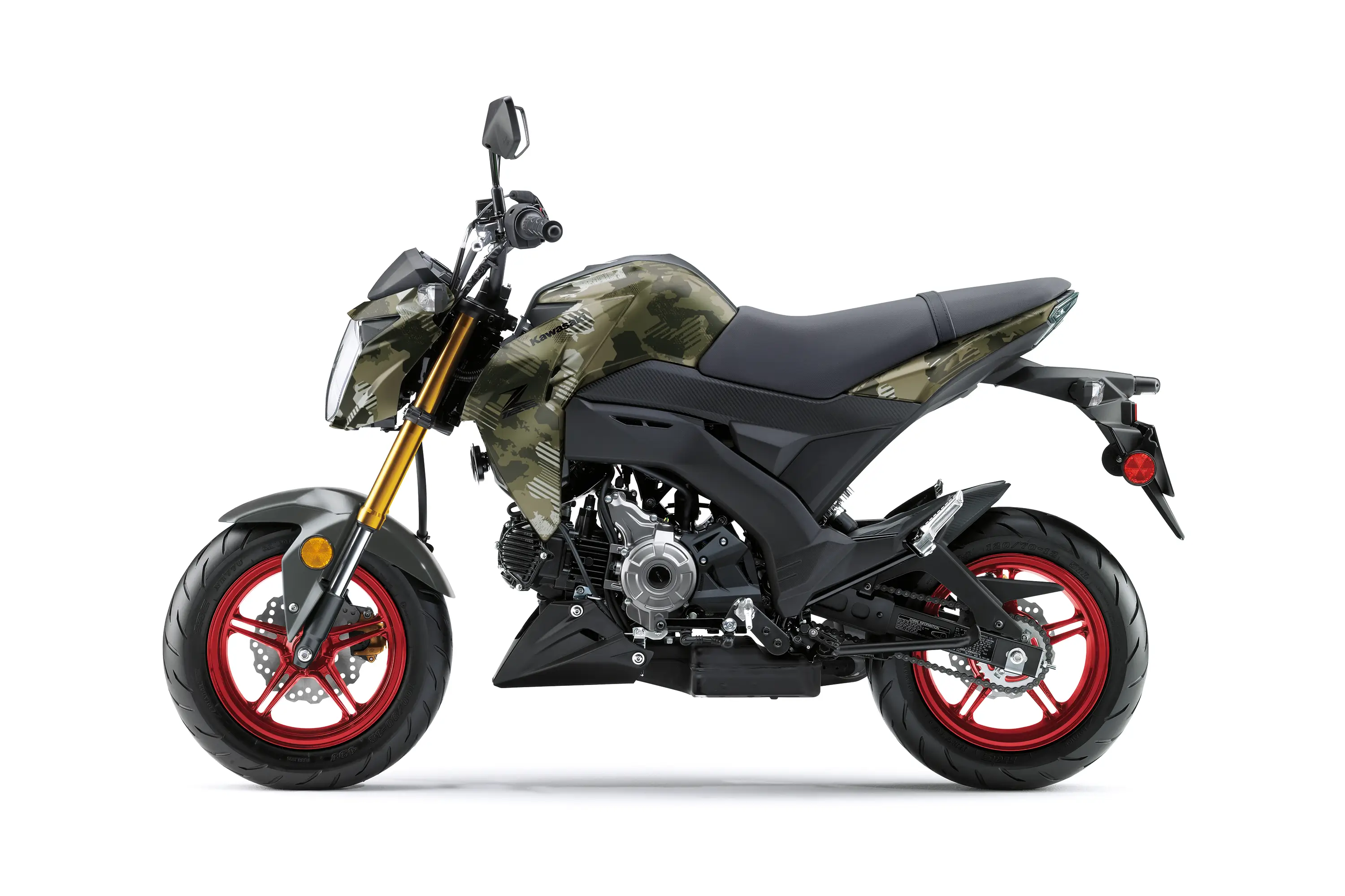 Profile angle of a motorcycle staged in a white studio background