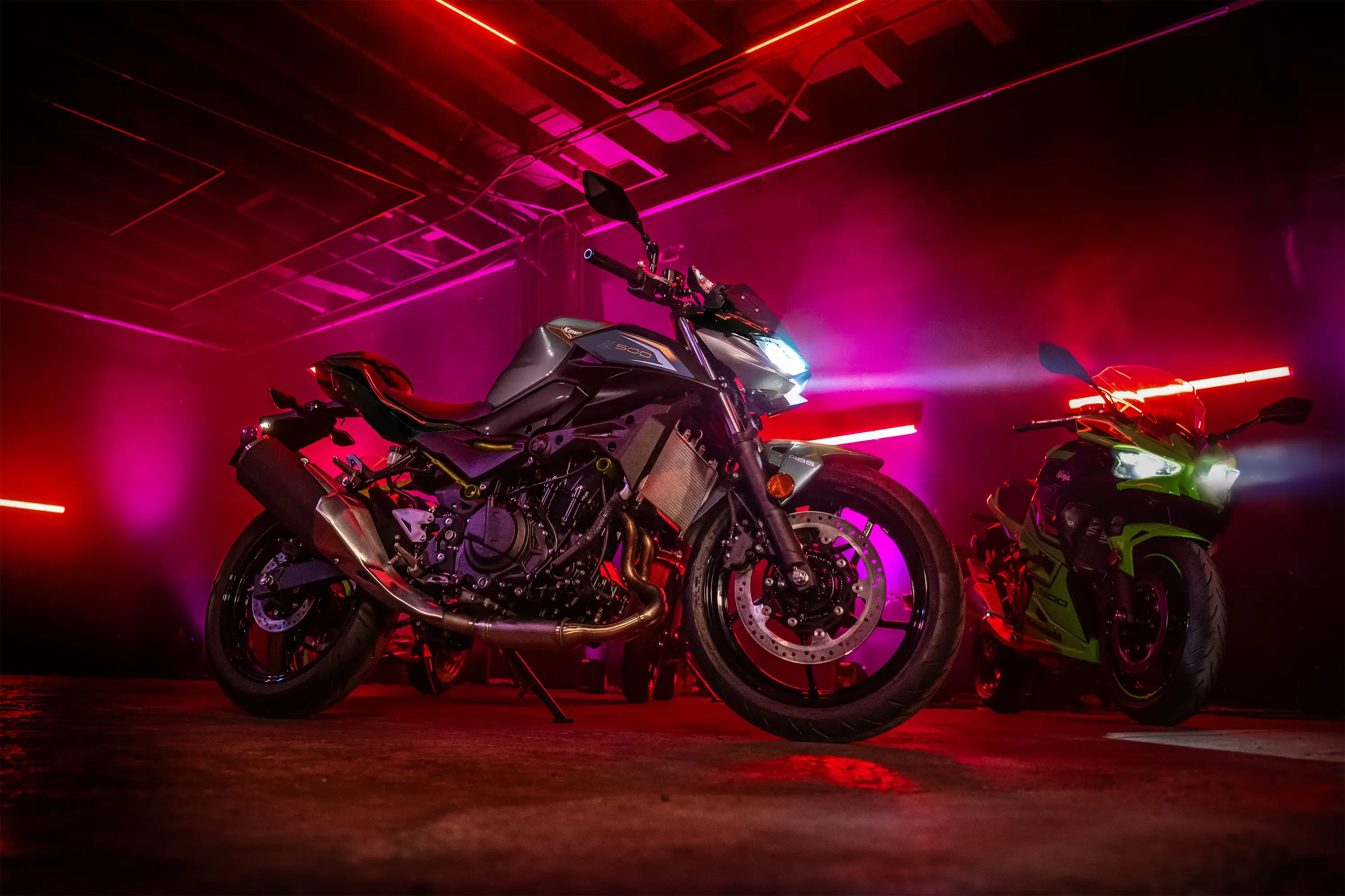 Side angle of a motorcycle parked.