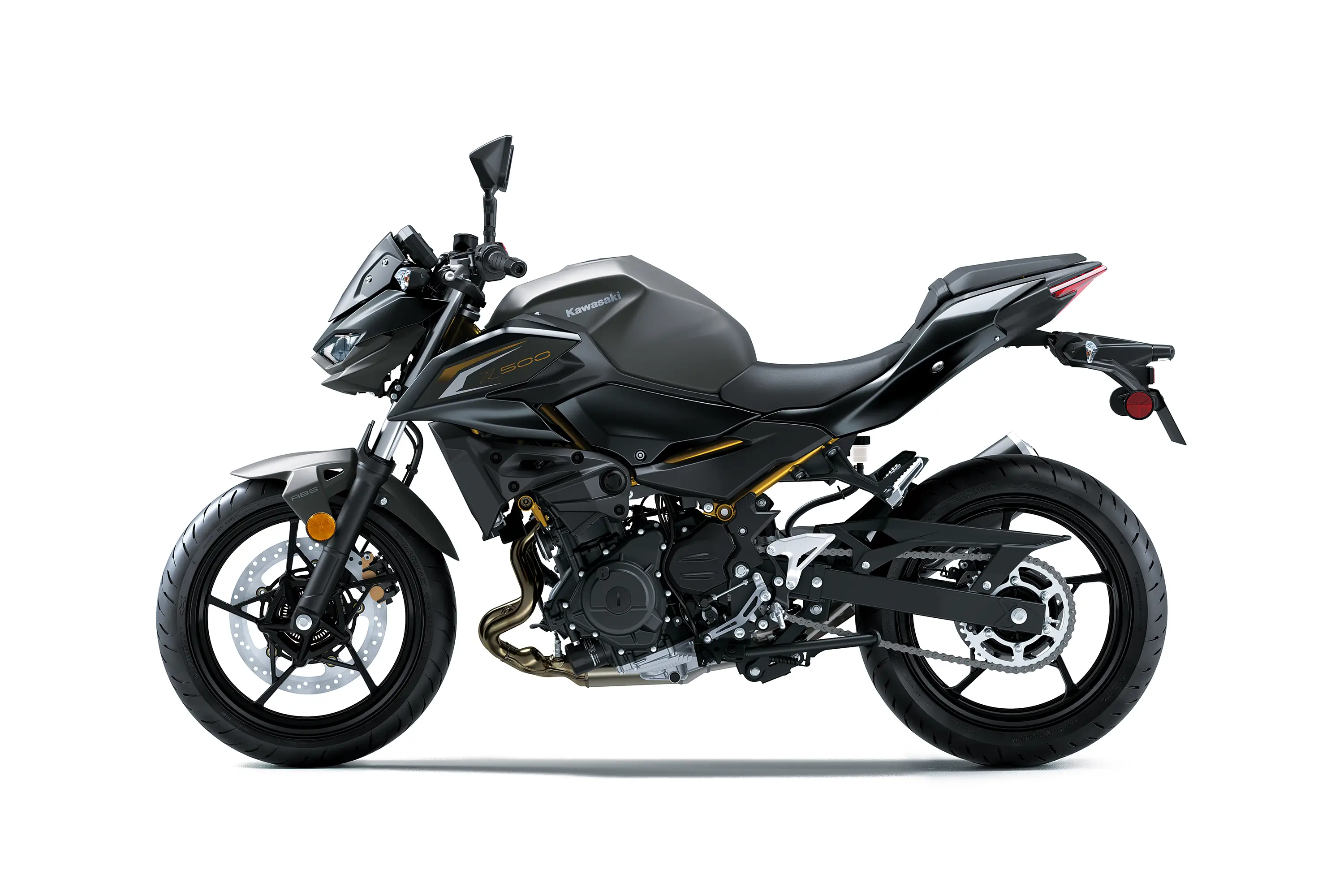 Profile angle of a motorcycle staged in a white studio background.