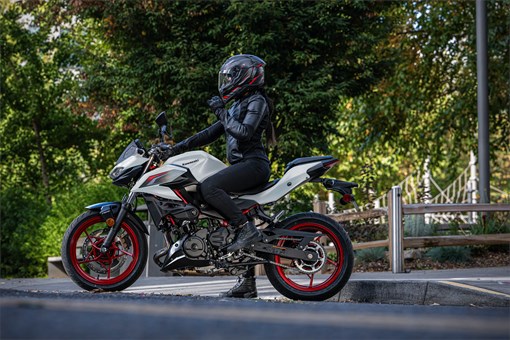 Profile angle of a motorcycle parked. opens in a new window