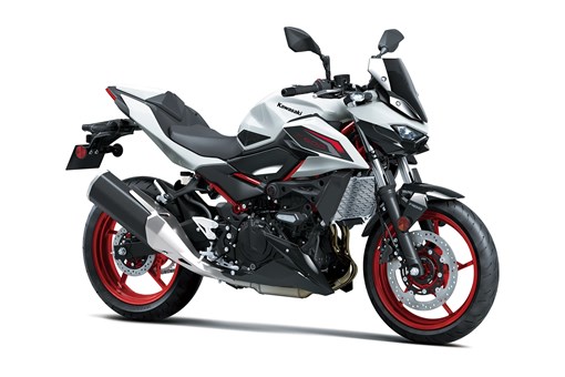 Three-quarter front angle of a motorcycle staged in a white studio background. opens in a new window