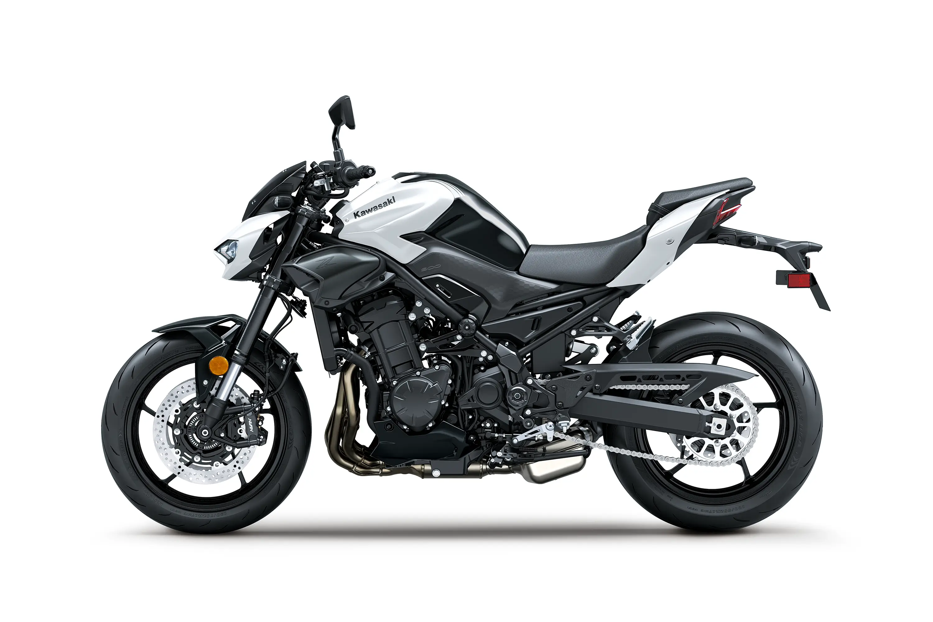 Side angle of a motorcycle with white accents staged in a white studio background.