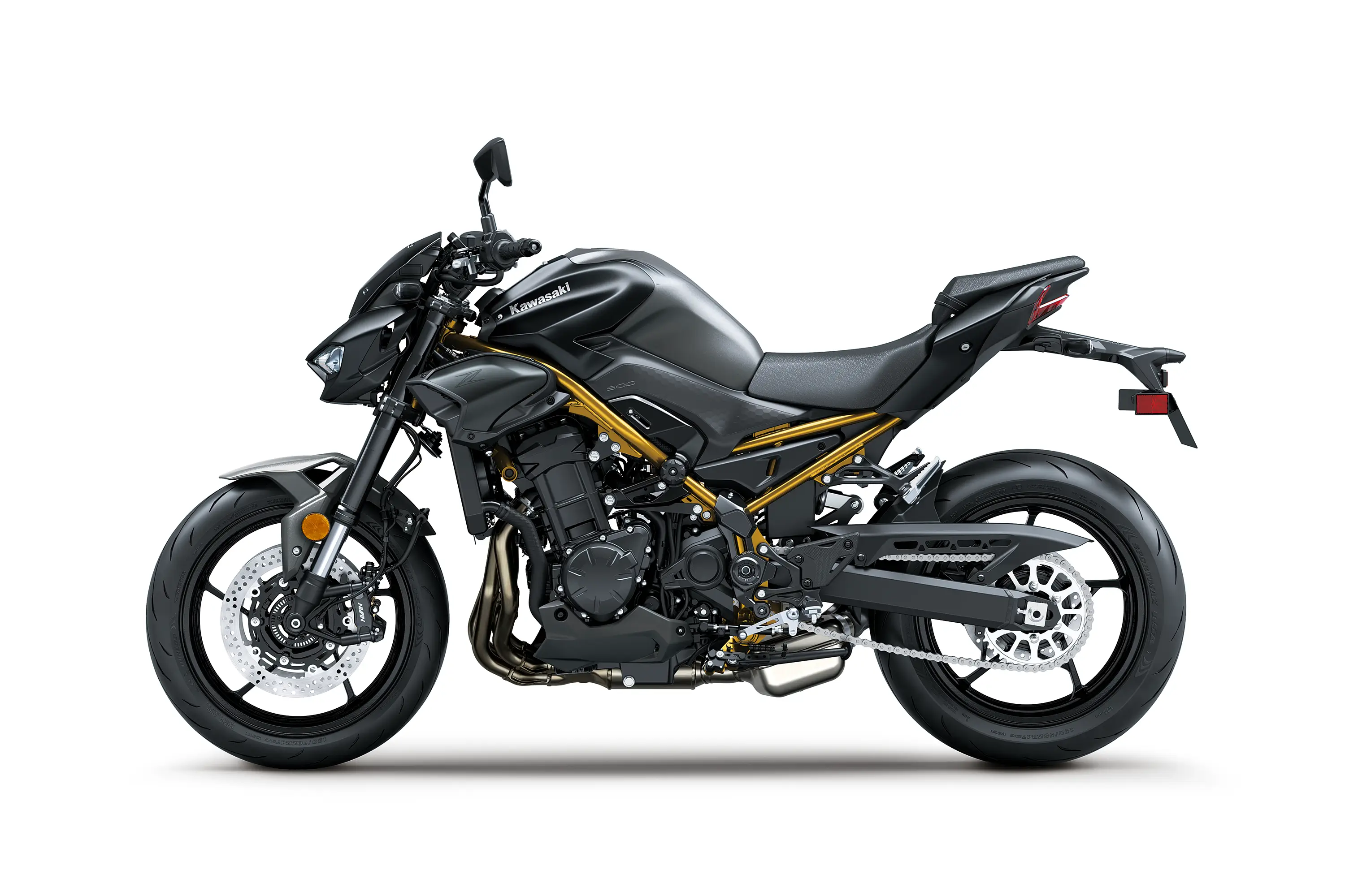 Profile angle of a motorcycle staged in a white studio background.