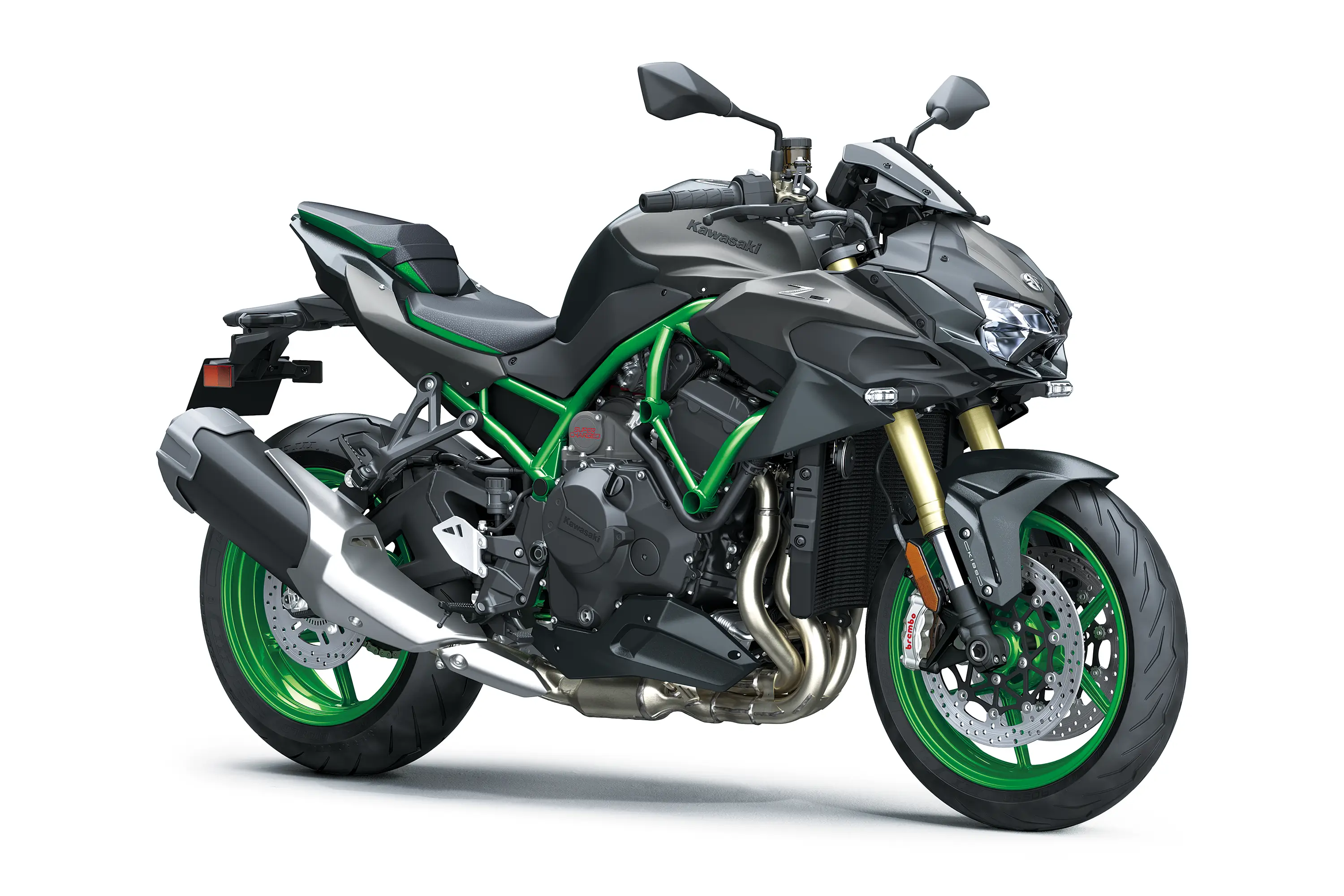 Three-quarter front angle of a motorcycle staged in a white studio background.