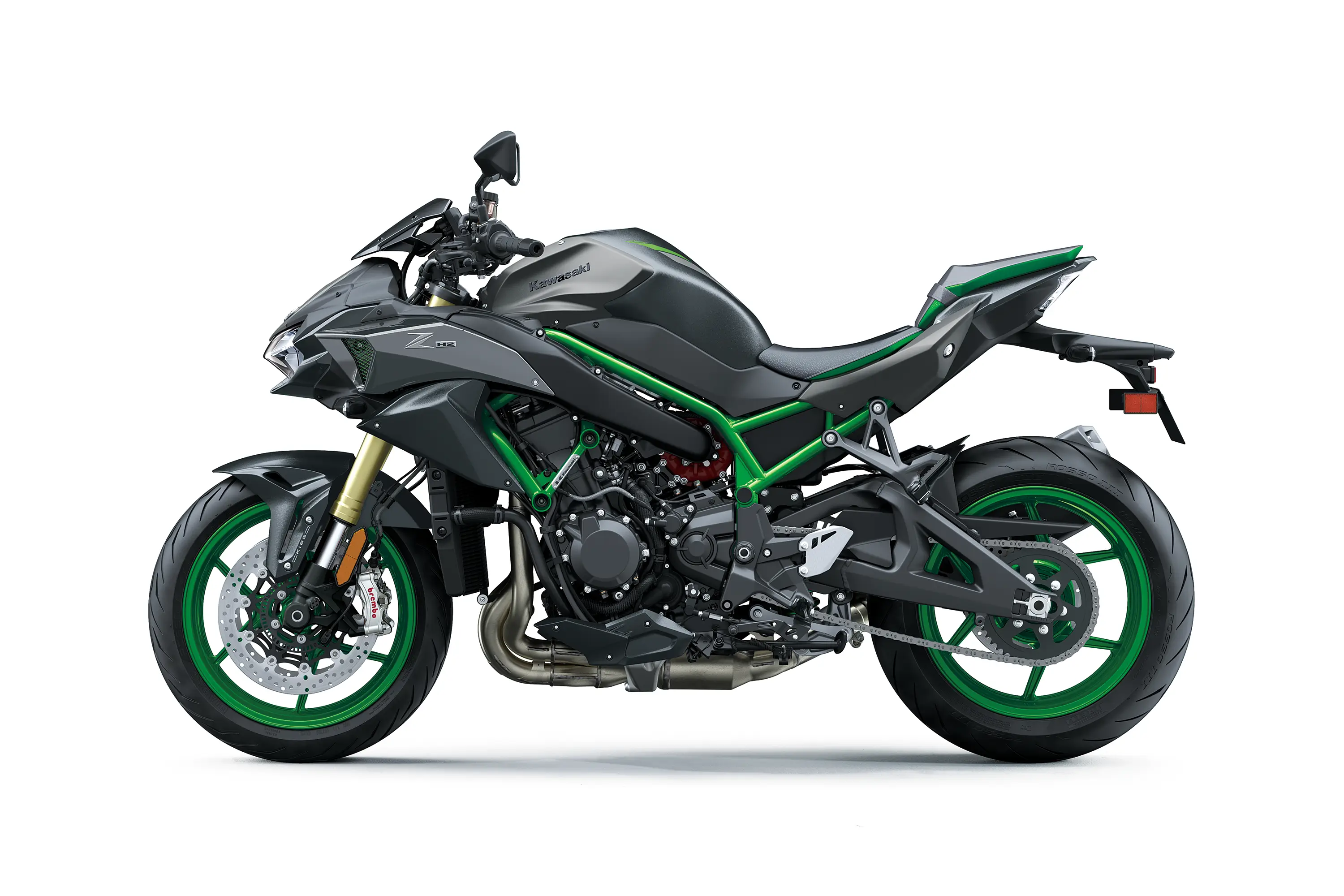 Profile angle of a motorcycle staged in a white studio background.