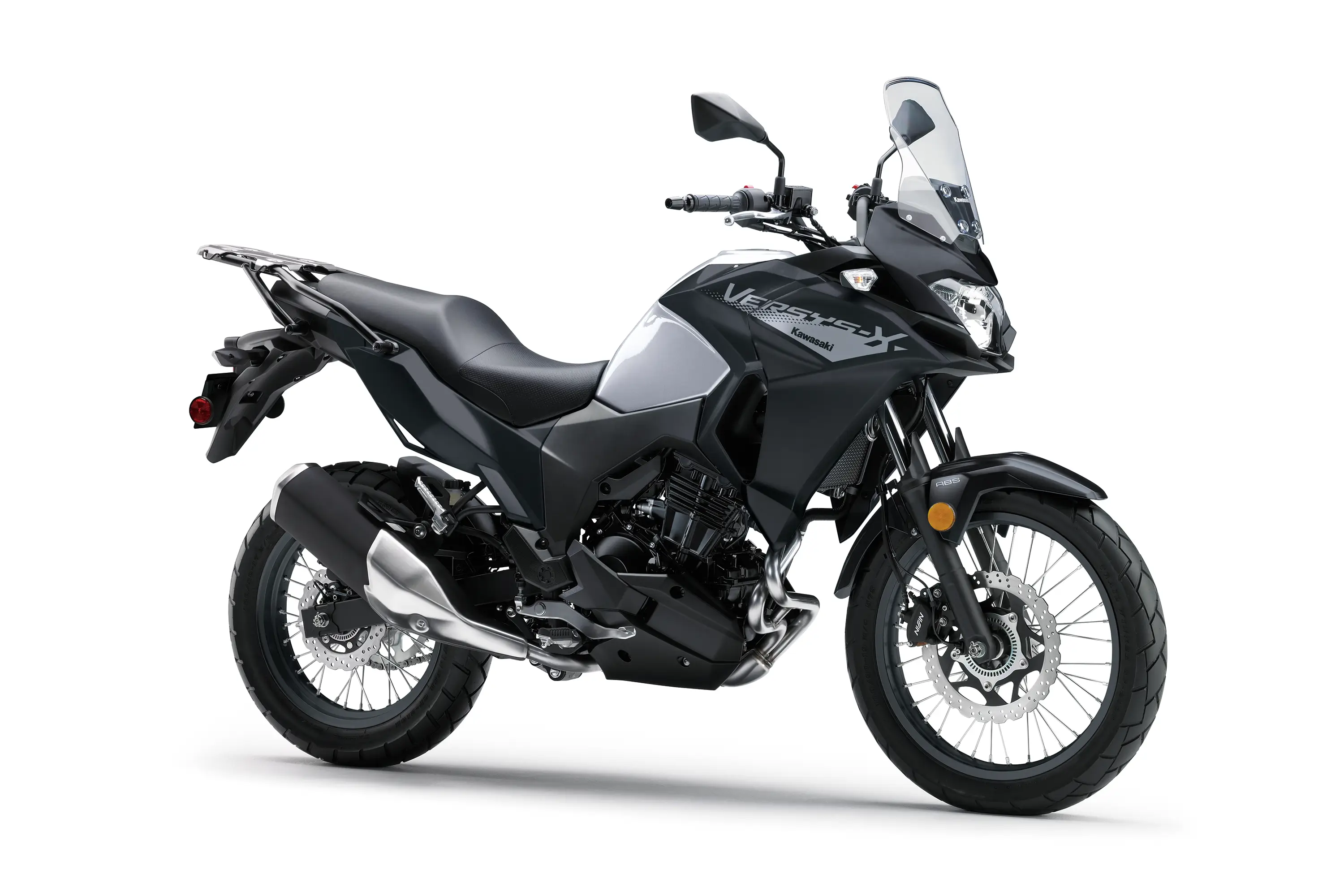 Three-quarter front angle of a motorcycle staged in a white studio background.