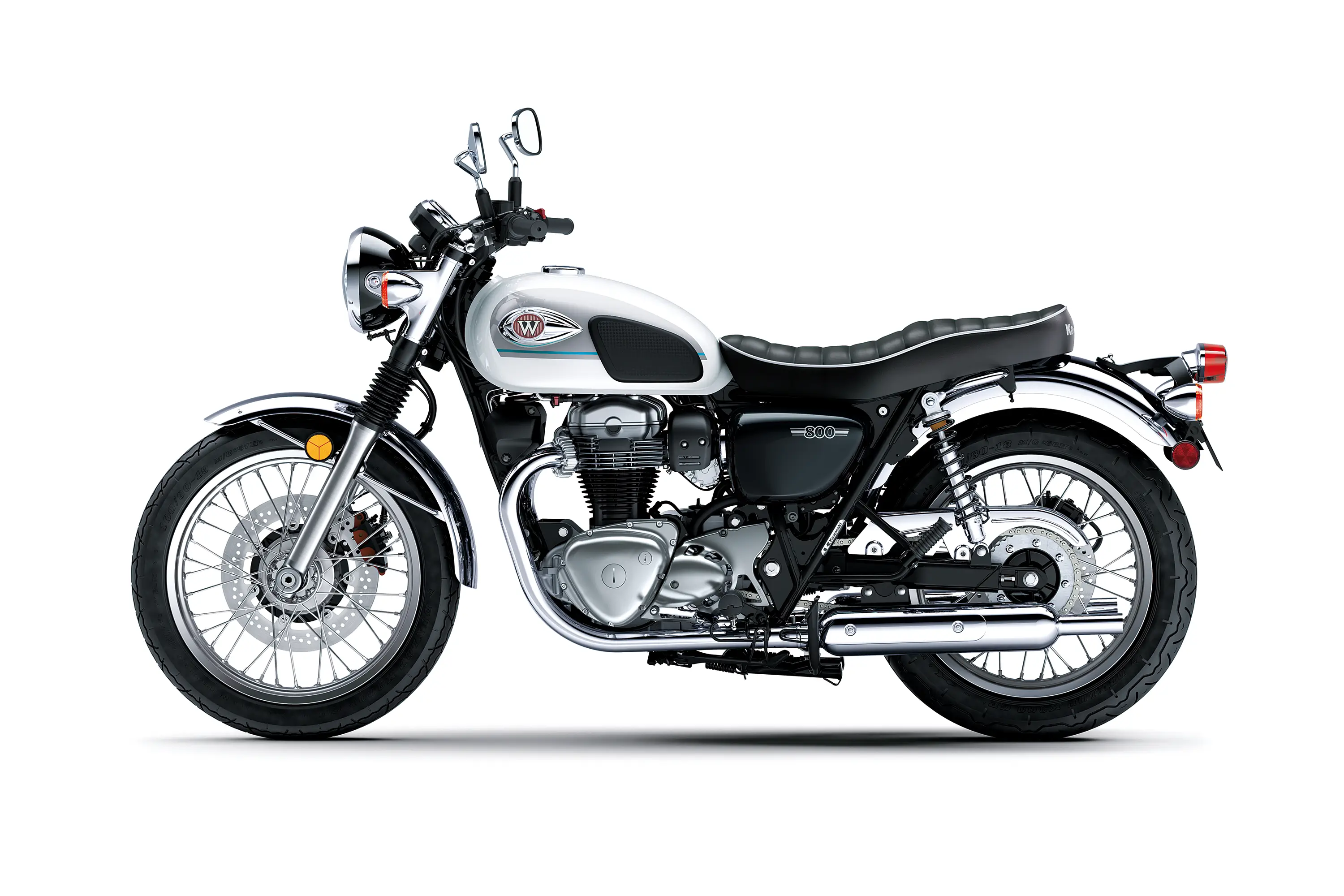 Profile angle of a motorcycle staged in a white studio background.