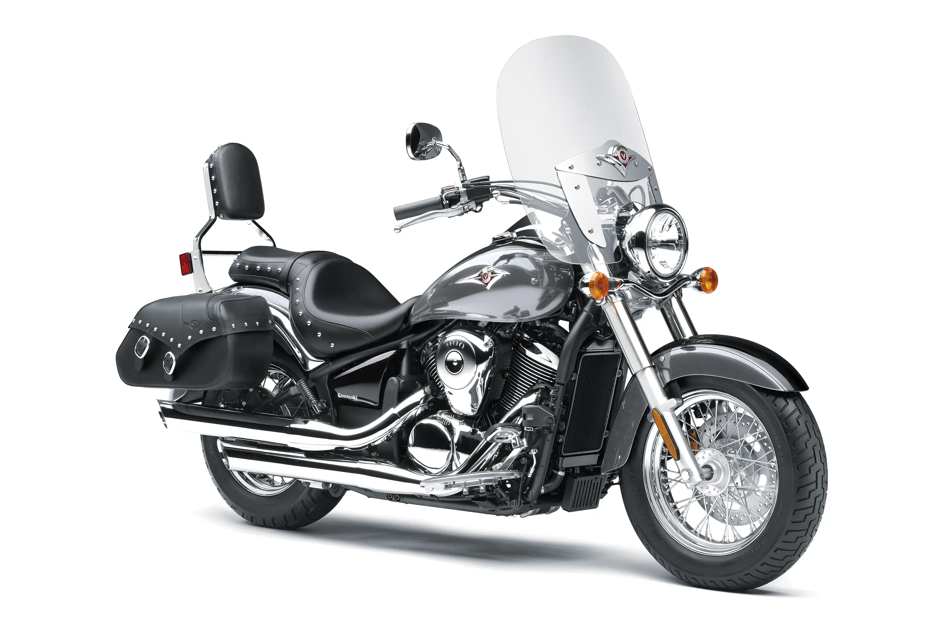 Three-quarter front angle of a motorcycle staged in a white studio background.
