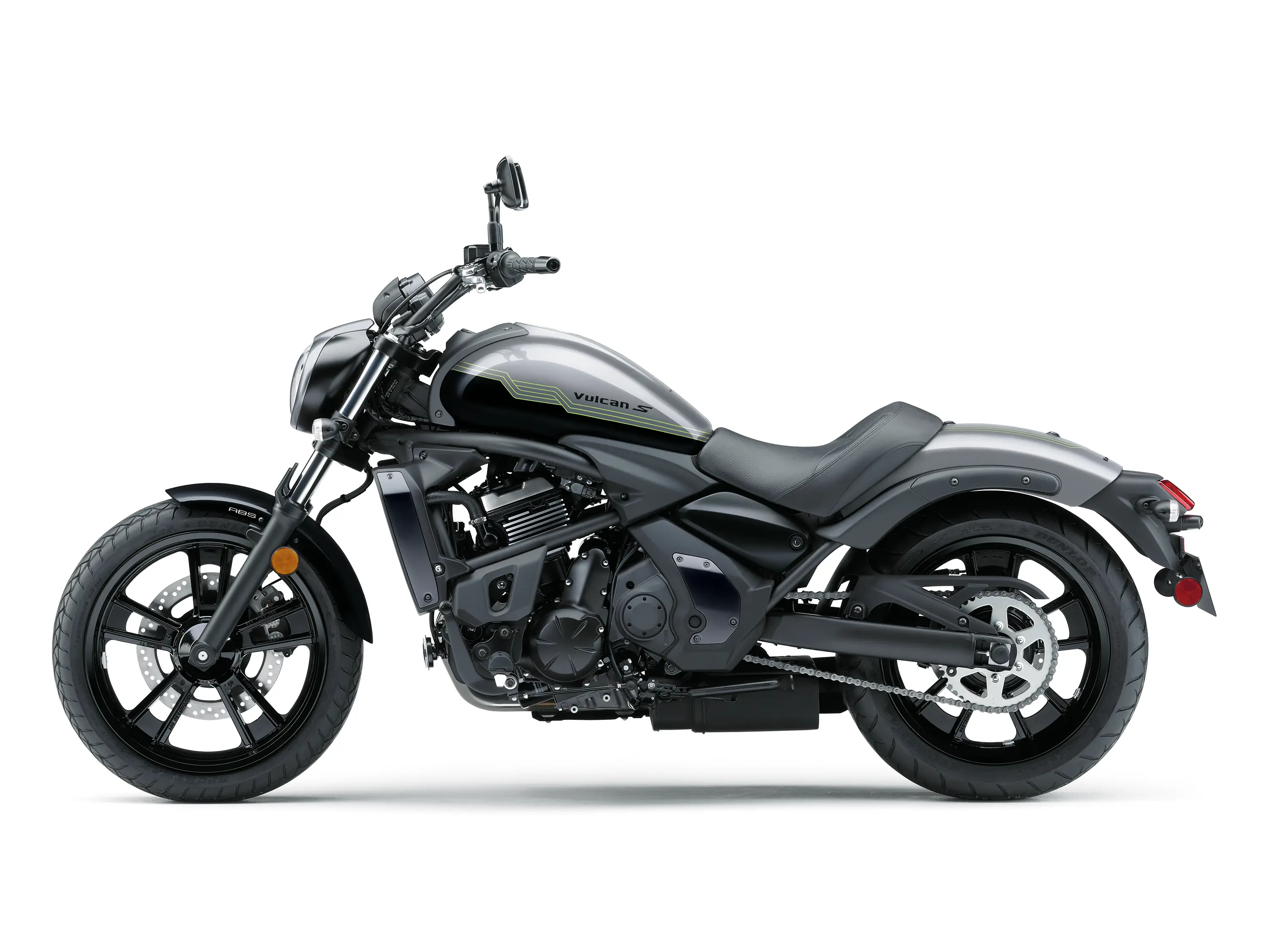 Profile angle of a motorcycle staged in a white studio background.