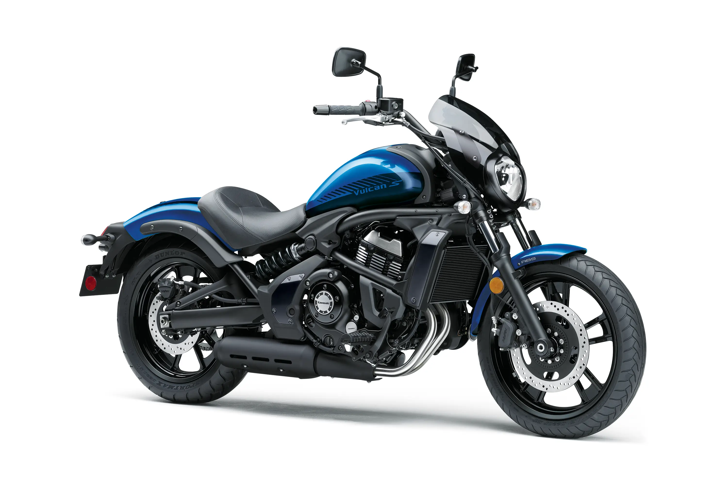 Three-quarter front angle of a motorcycle staged in a white studio background.