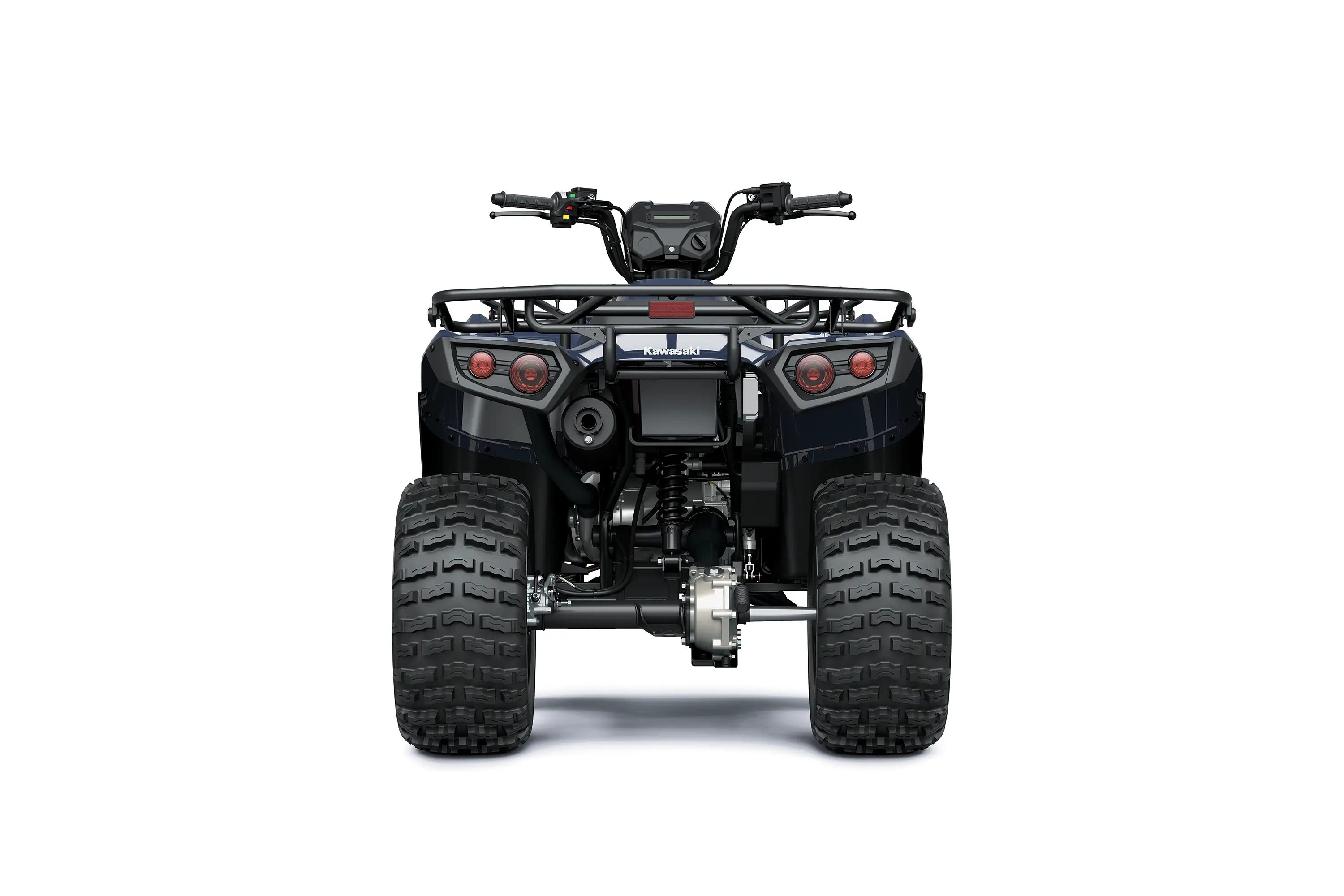 Back angle of an ATV staged in a white studio background.