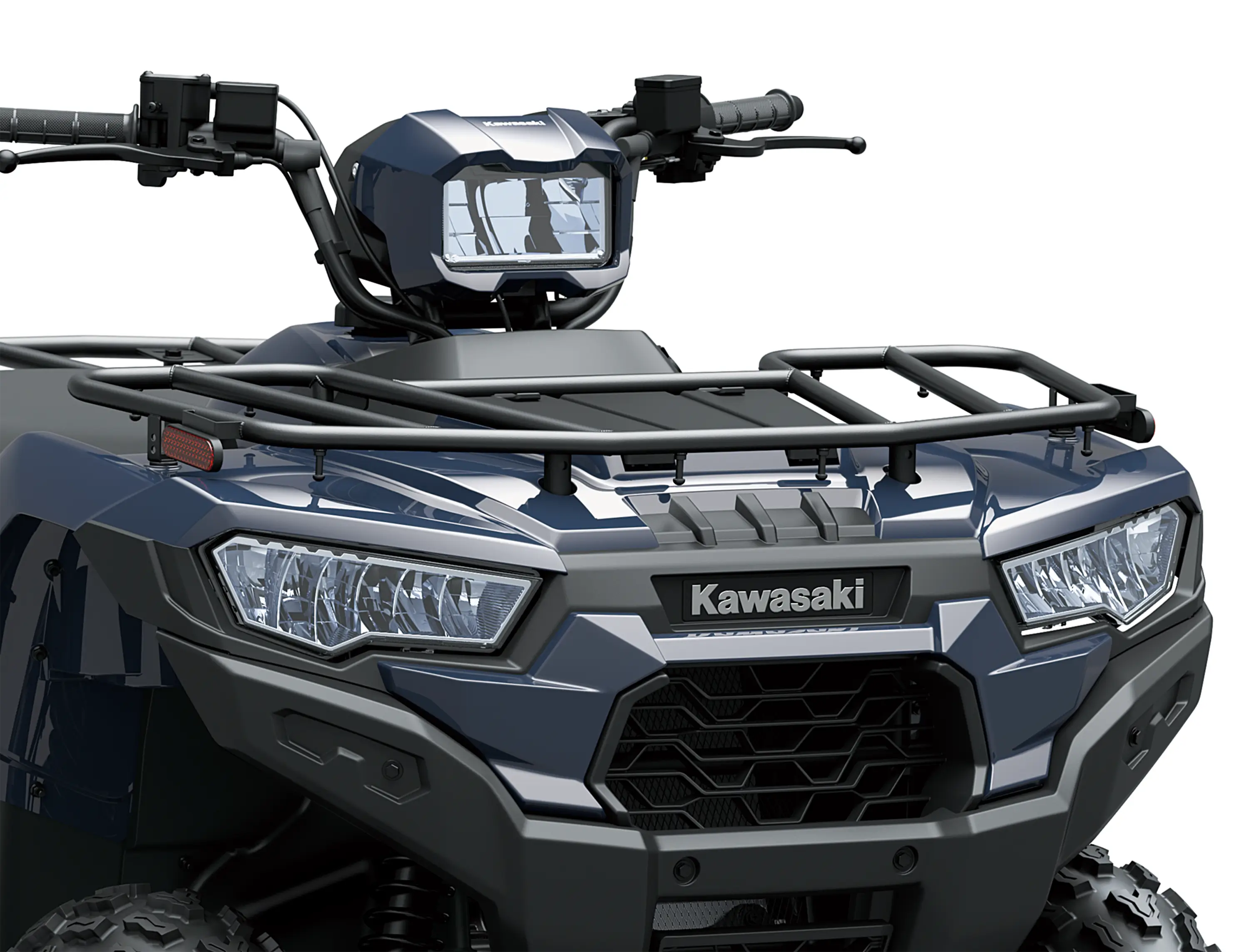 Closeup of front of an ATV staged in a white studio background.