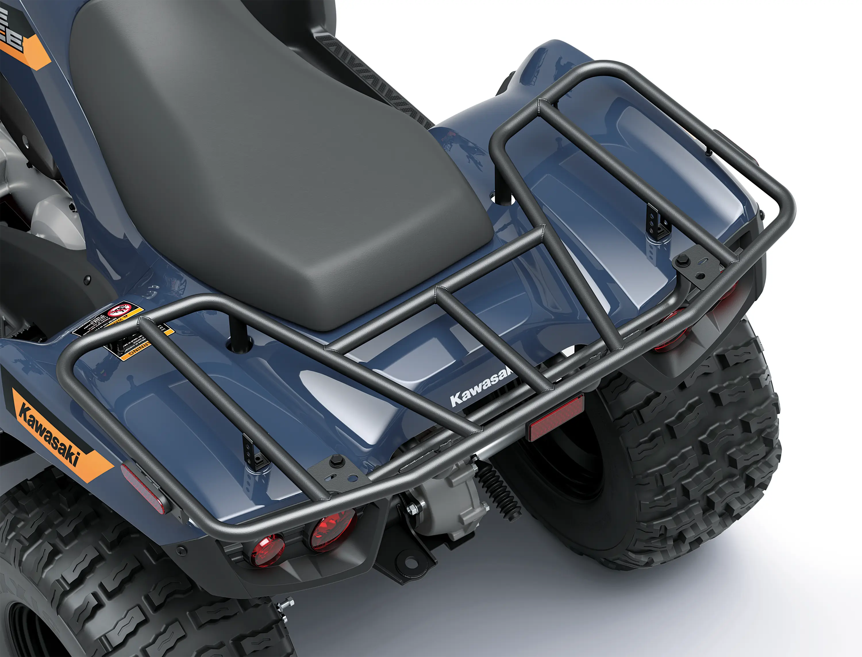 Overhead closeup of back of an ATV staged in a white studio background.