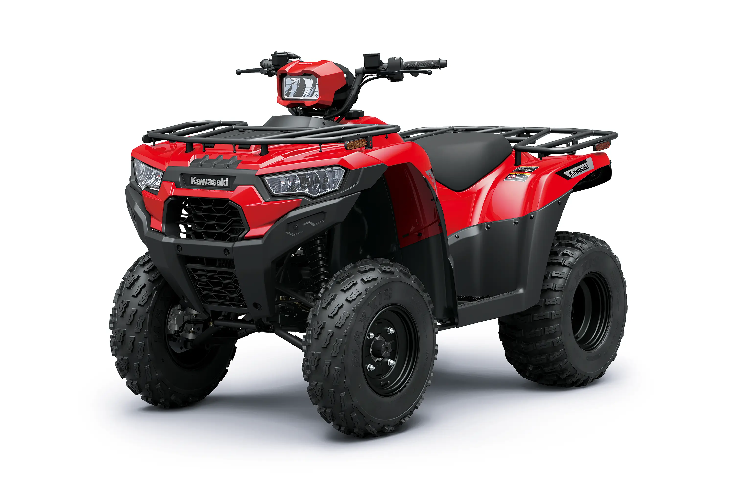 Three-quarter front angle of a red ATV staged in a white studio background.