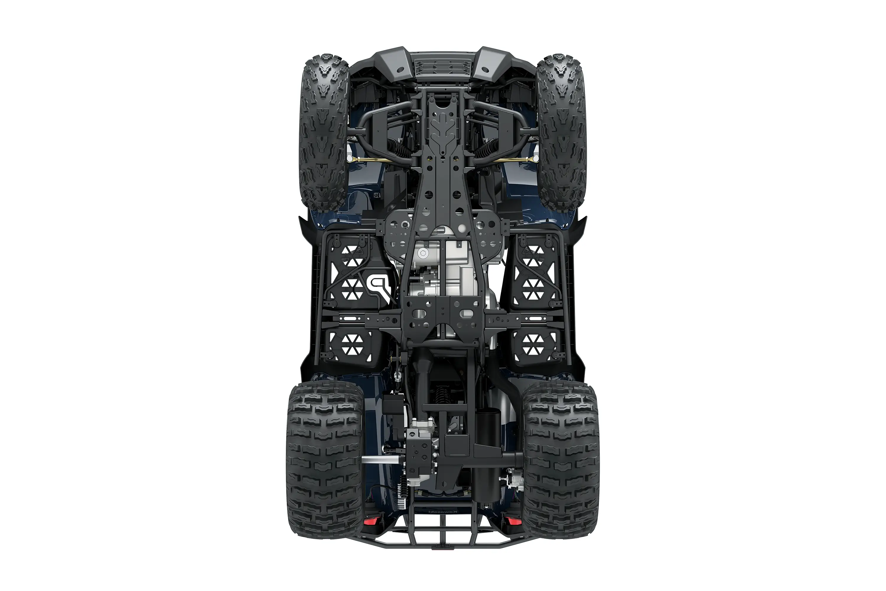 Underside angle of an ATV staged in a white studio background.