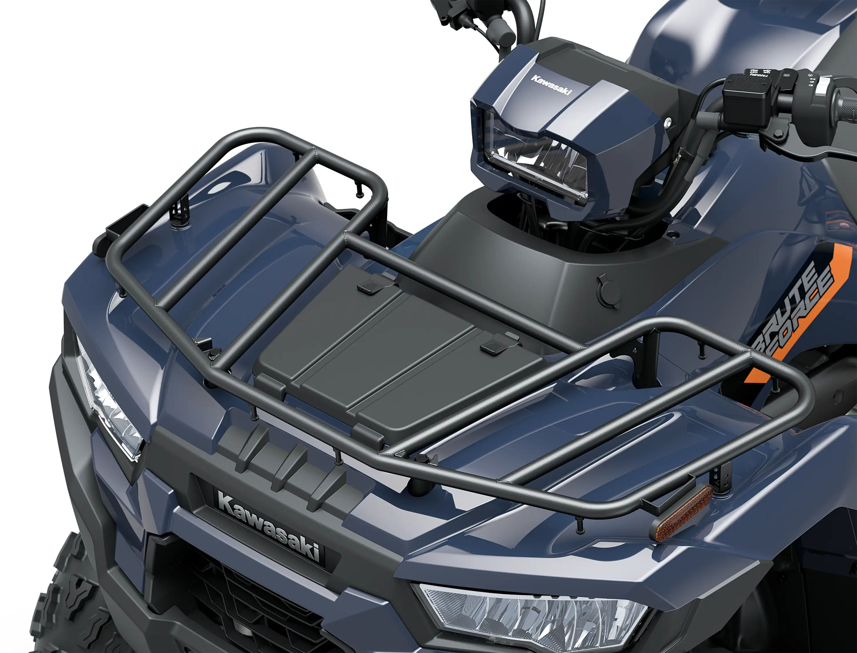 Overhead closeup of front of an ATV staged in a white studio background.