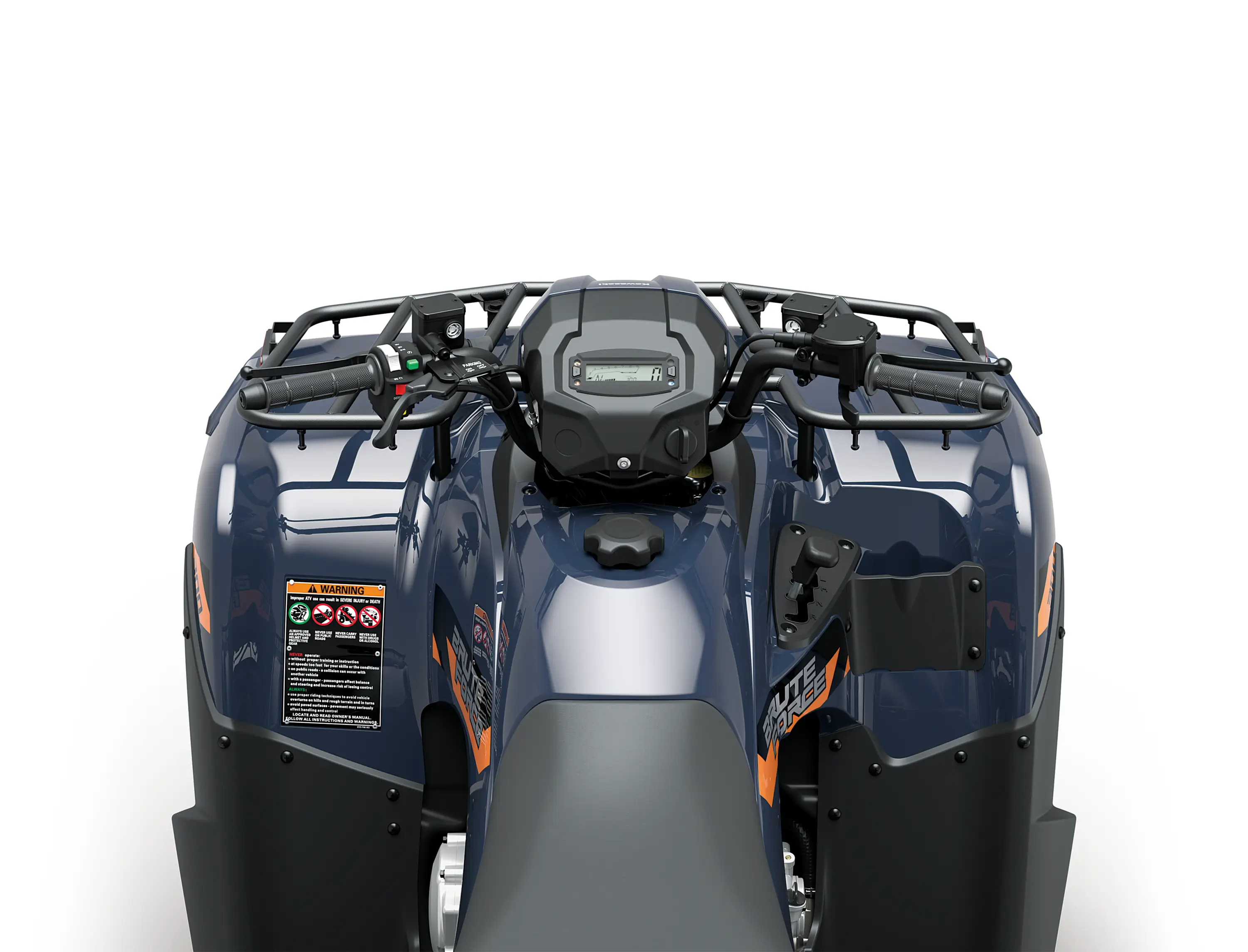 Overhead closeup of rear of an ATV staged in a white studio background.