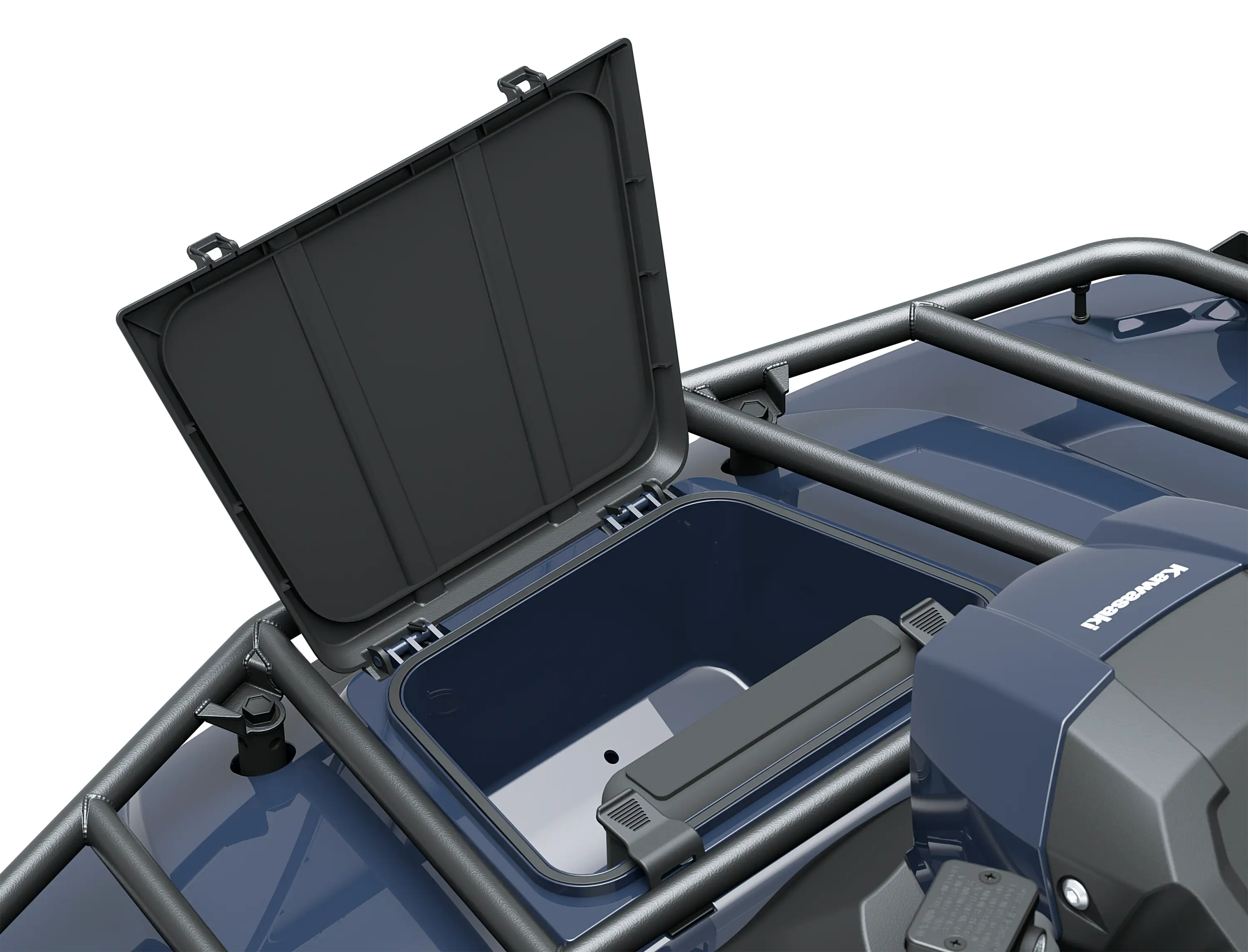 Closeup detail of storage compartment of an ATV staged in a white studio background.