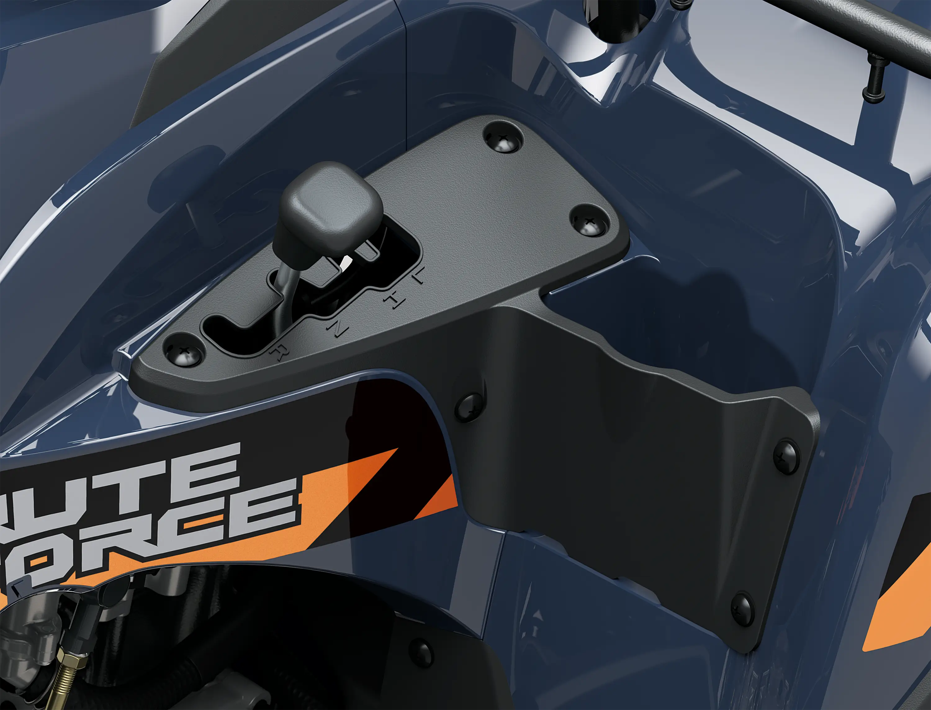 Closeup detail of gear lever of an ATV staged in a white studio background.