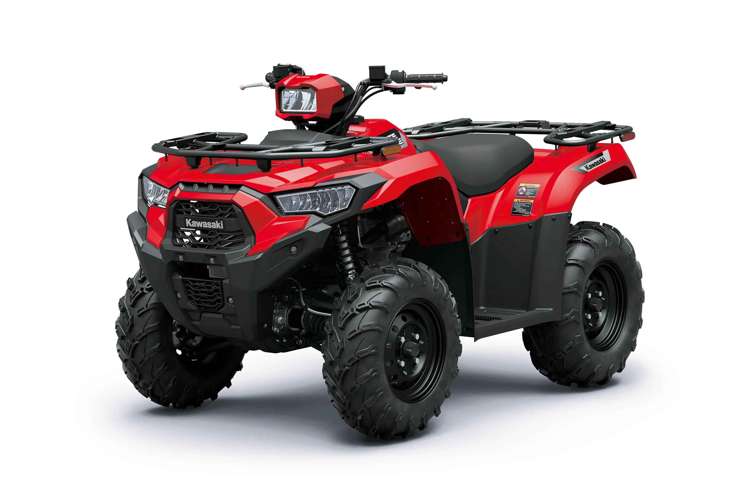 Three-quarter front angle of a red ATV staged in a white studio background.