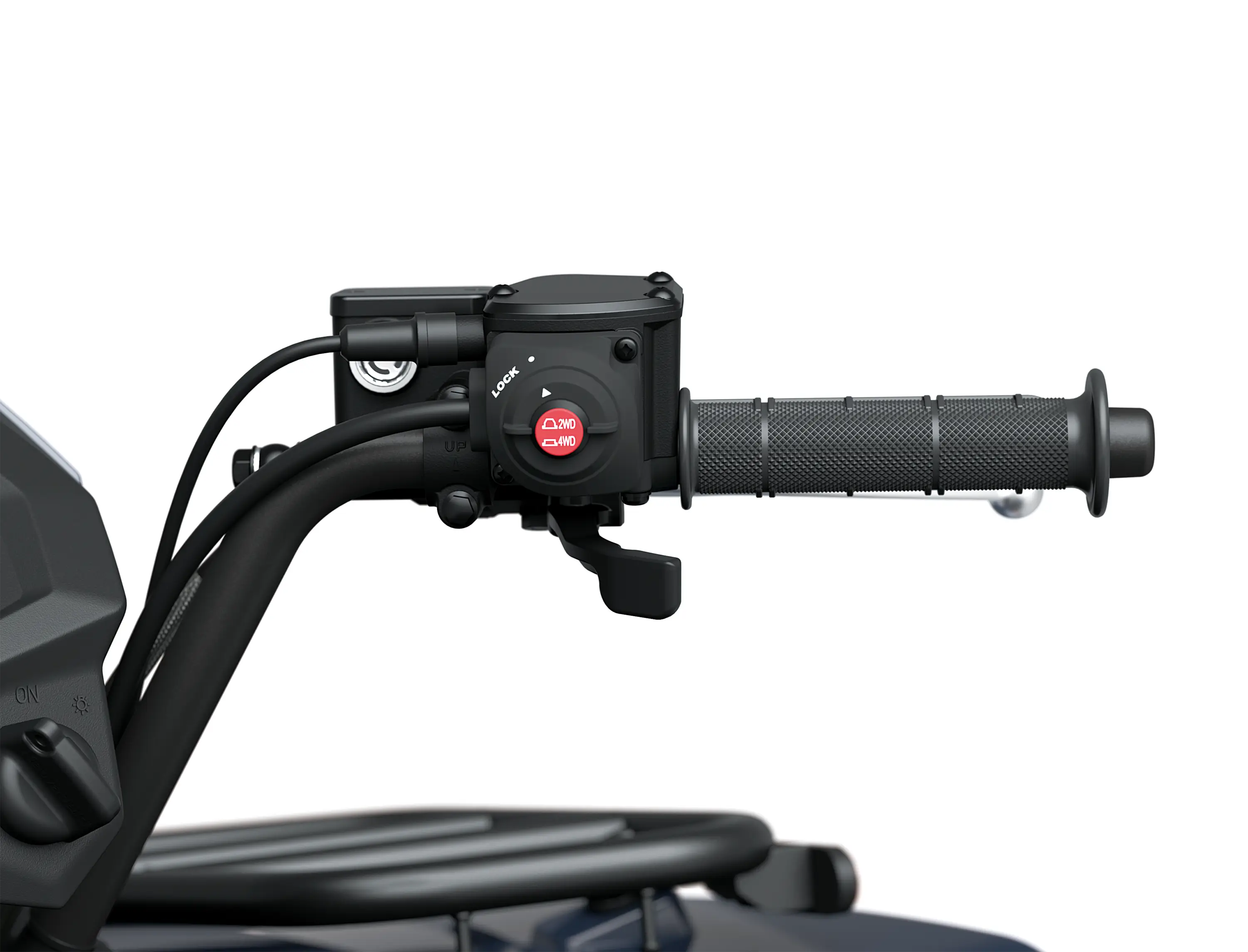 Closeup angle of handlebar of an ATV staged in a white studio background.