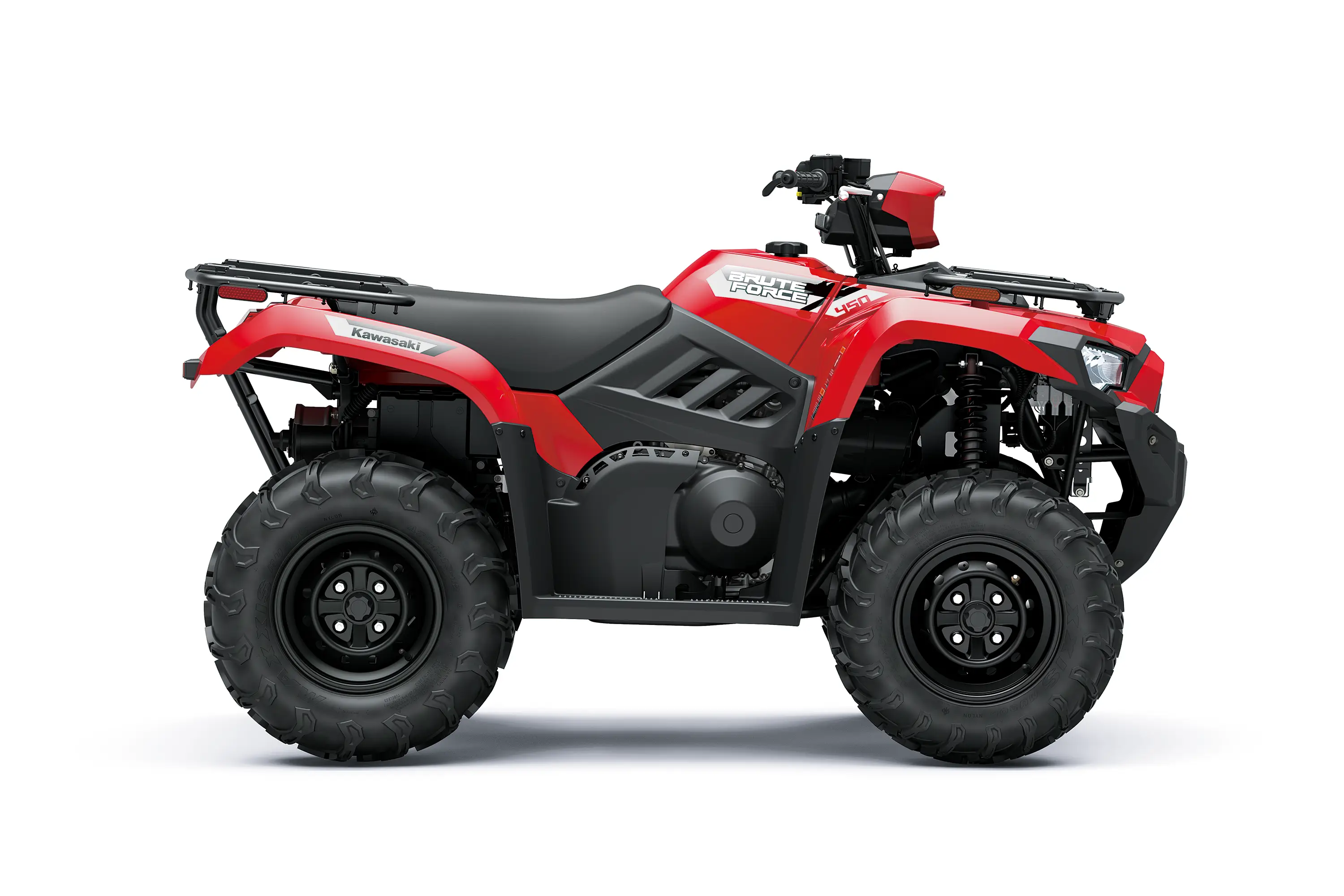 Profile angle of a red ATV staged in a white studio background.