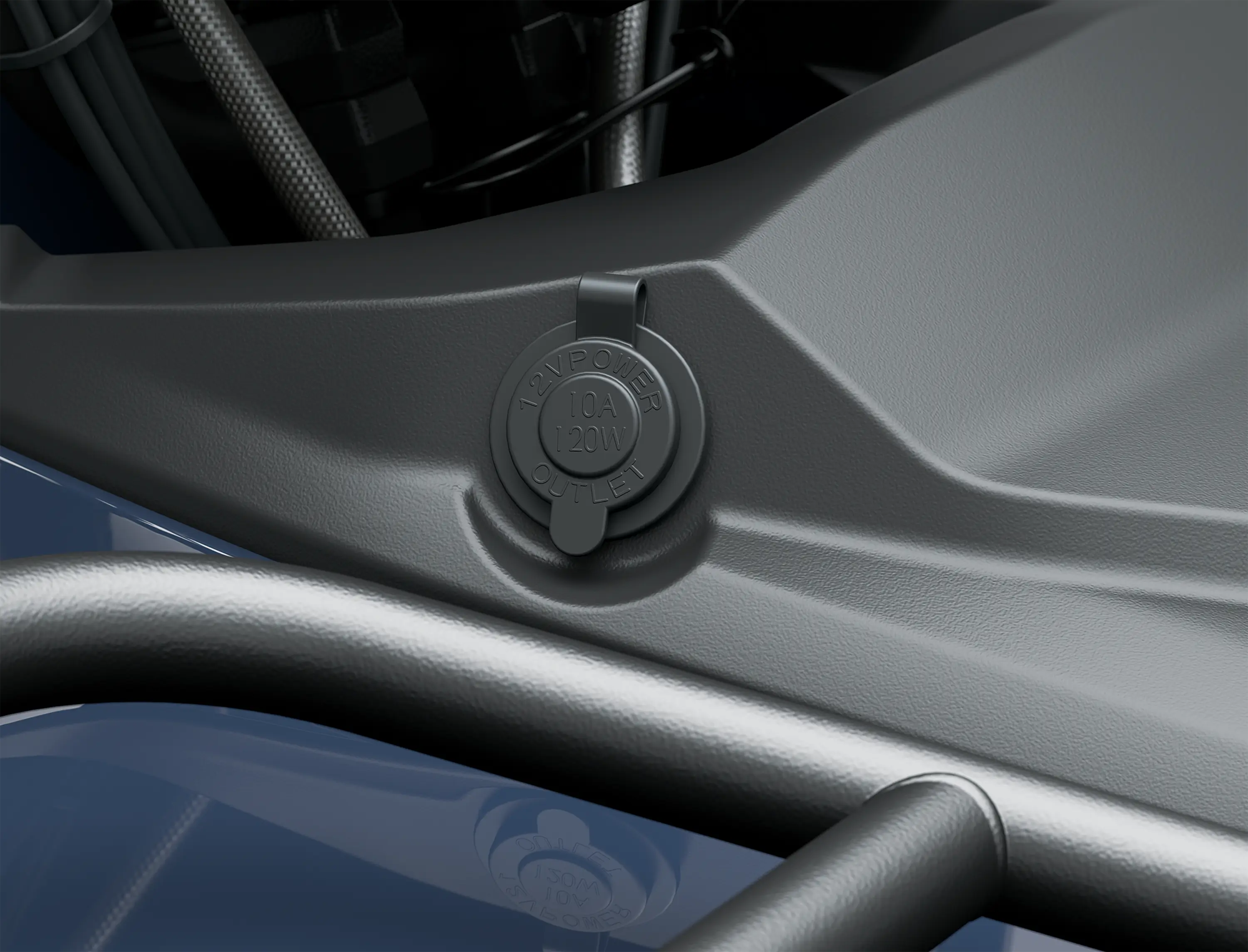 Closeup detail of an ATV staged in a white studio background.