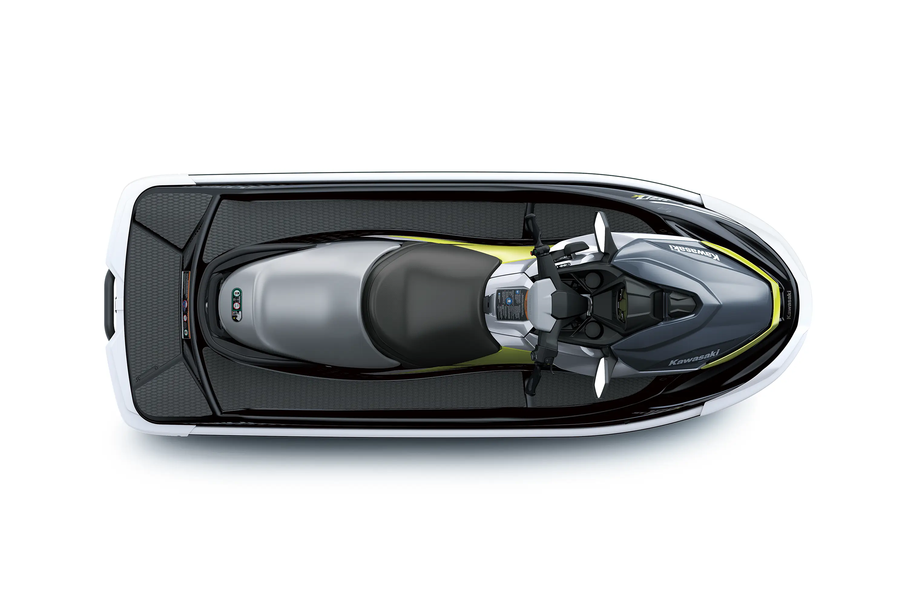 Overhead angle of a personal watercraft staged in a white studio background.
