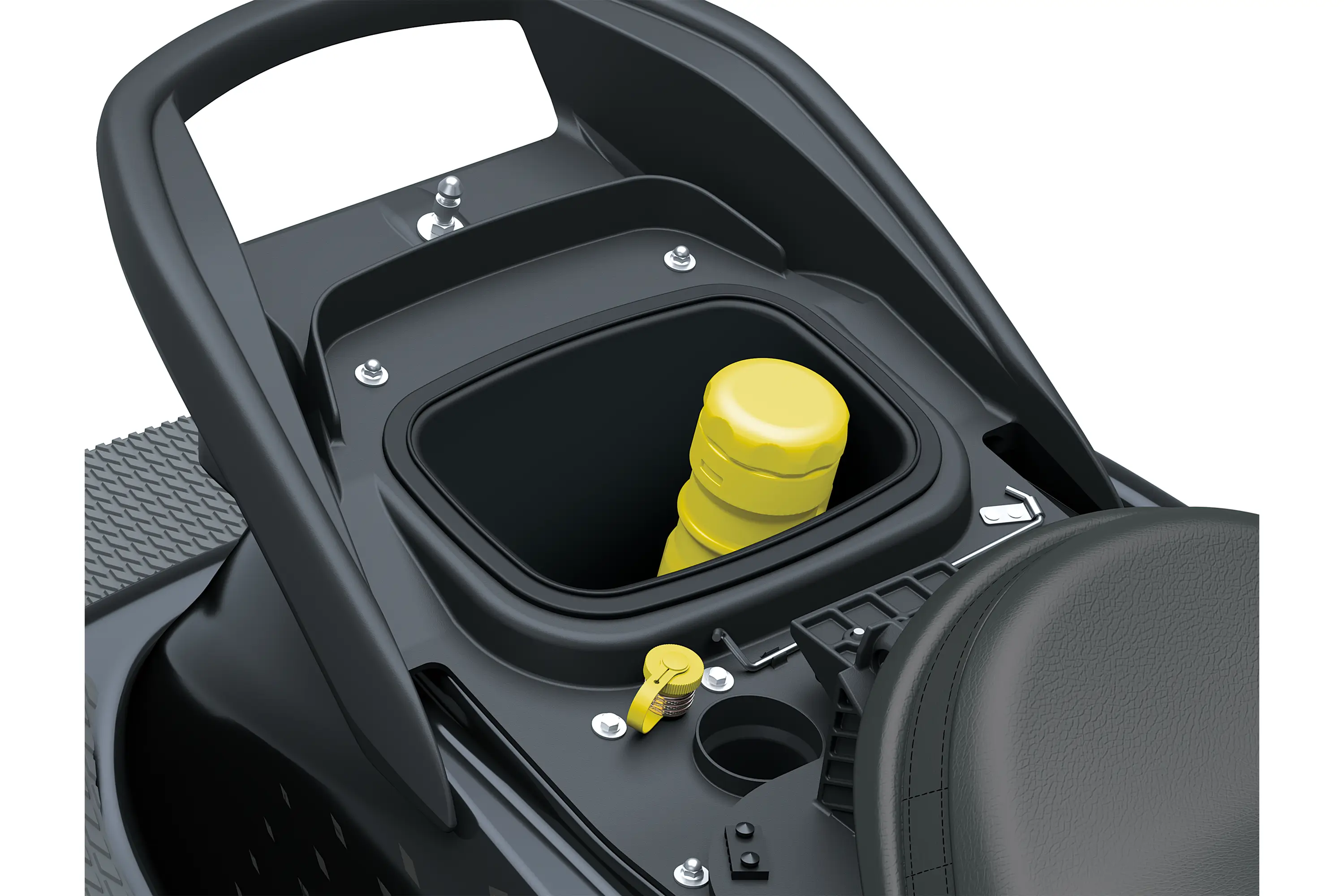 Closeup of storage compartment of a personal watercraft staged in a white studio background.