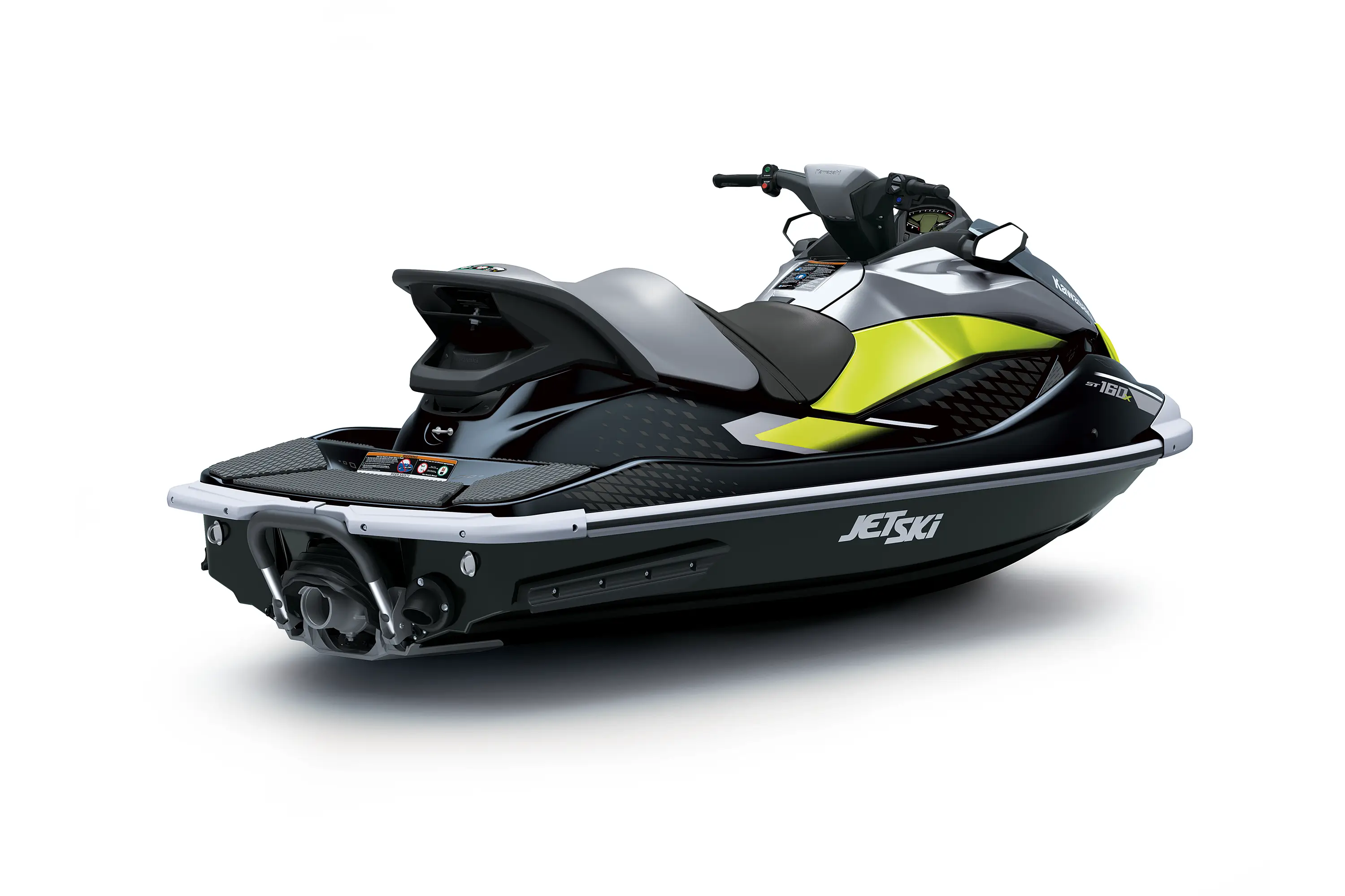 Back angle of a personal watercraft staged in a white studio background.