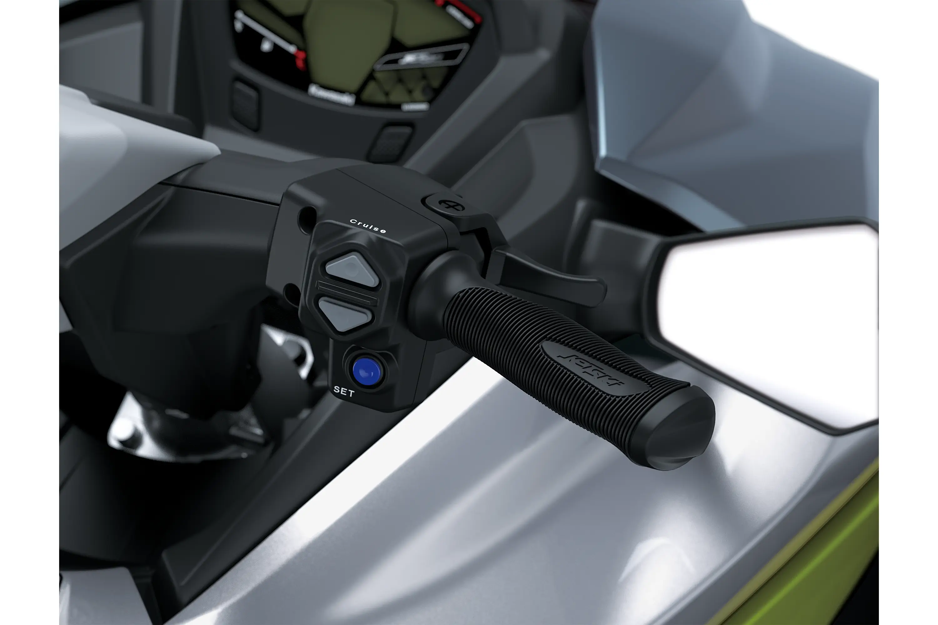 Closeup handlebar of a personal watercraft staged in a white studio background.