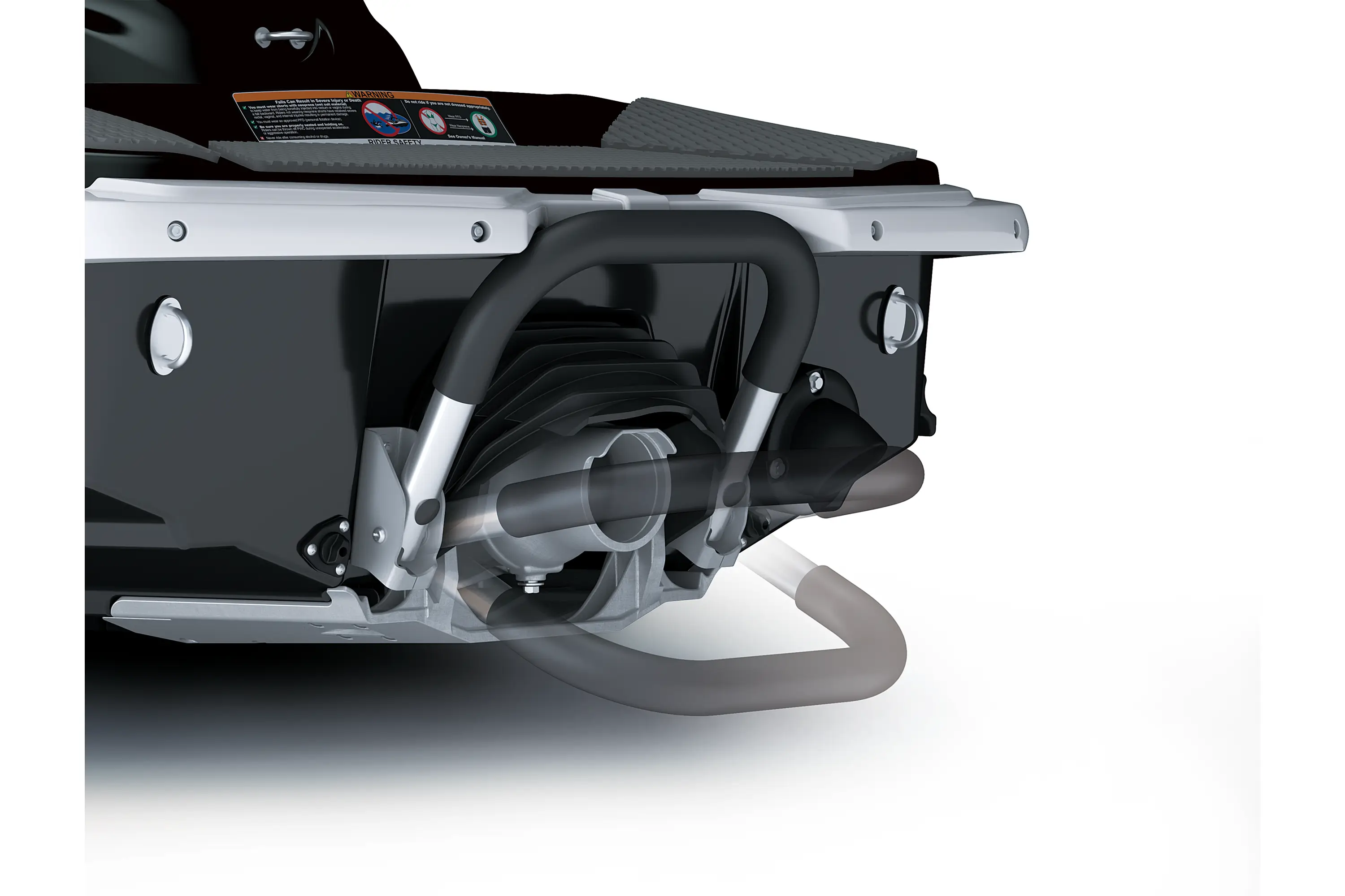 Rear detail example of a personal watercraft staged in a white studio background.