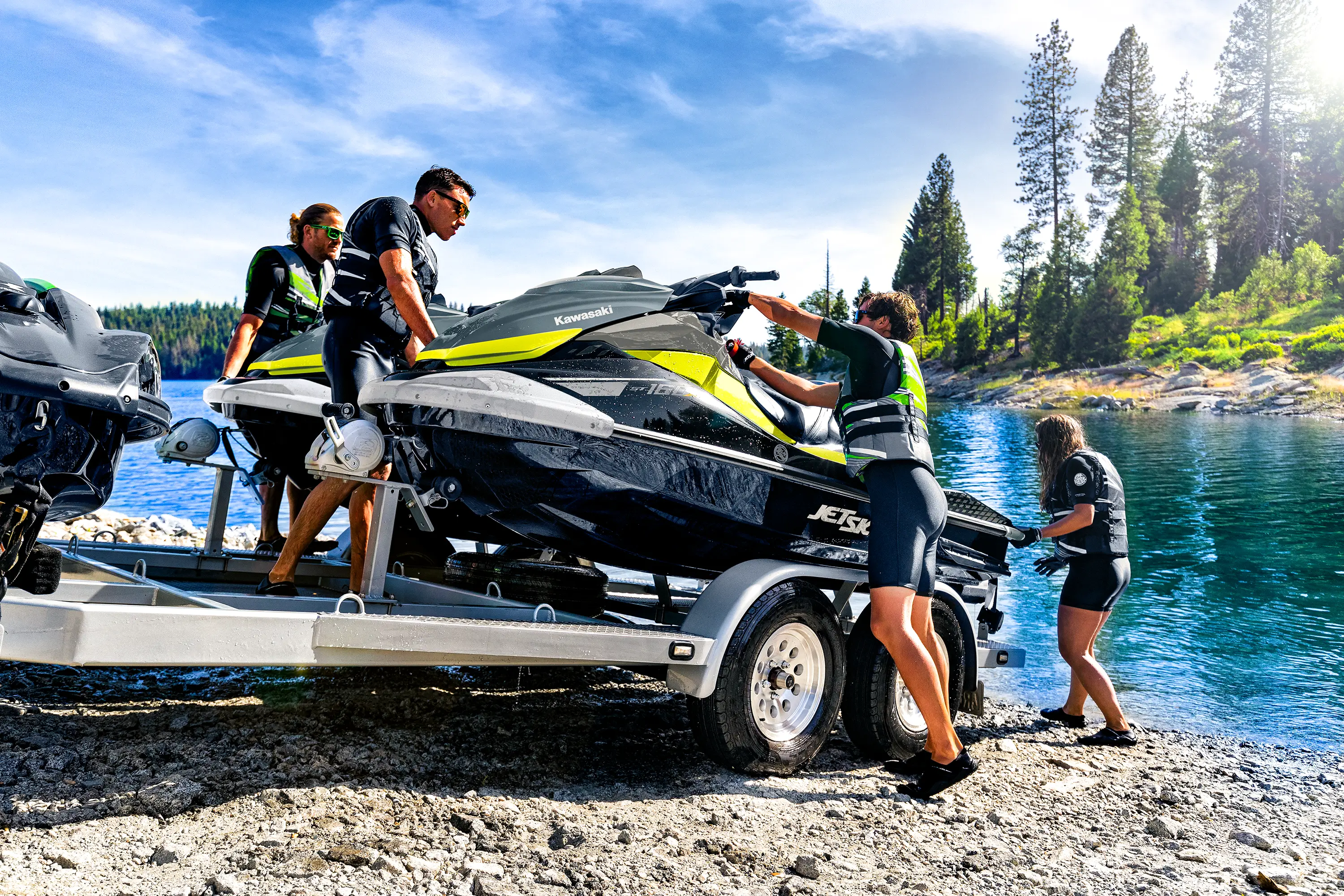 Profile angle of a a personal watercraft on a trailer.
